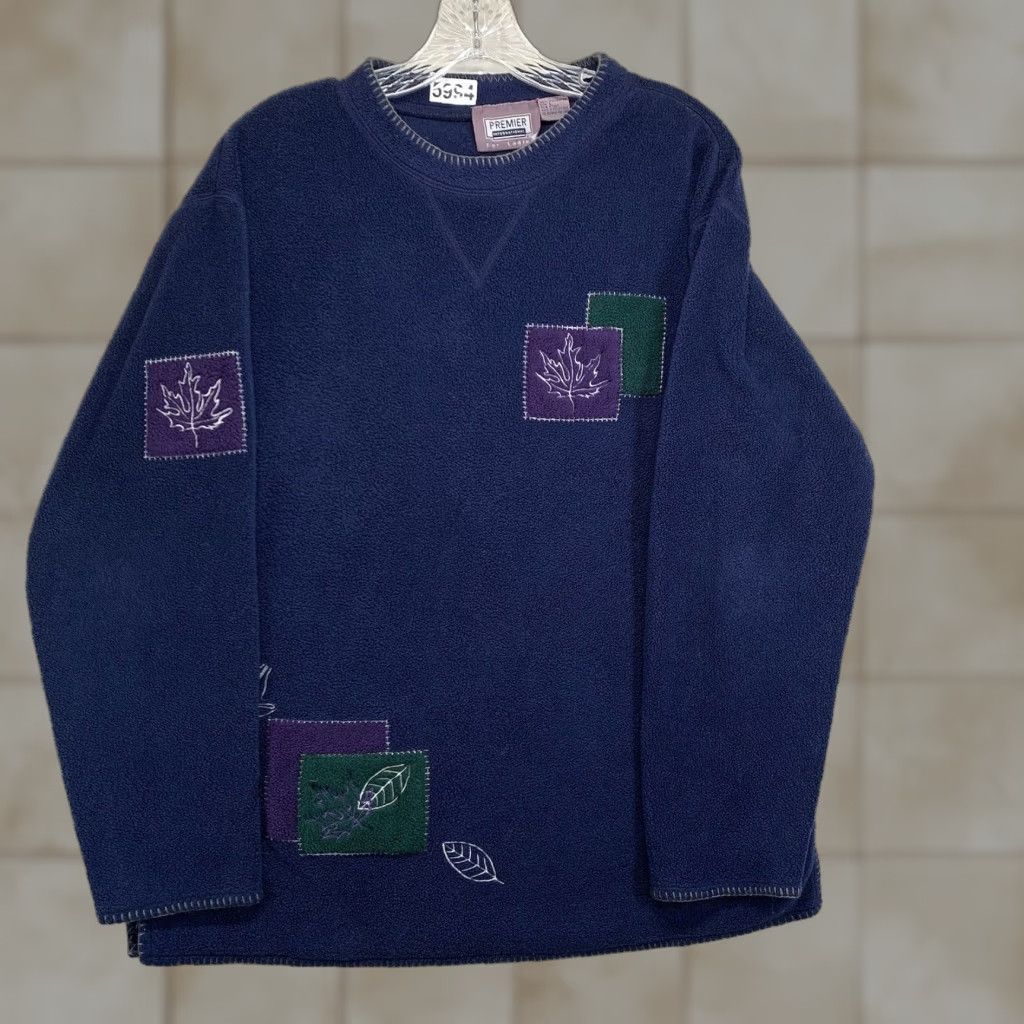 Vintage VINTAGE Women’s Fleece Blue Size Large Embroidered Leaves Purple Green Squares Size L / US 10 / IT 46 - 1 Thumbnail