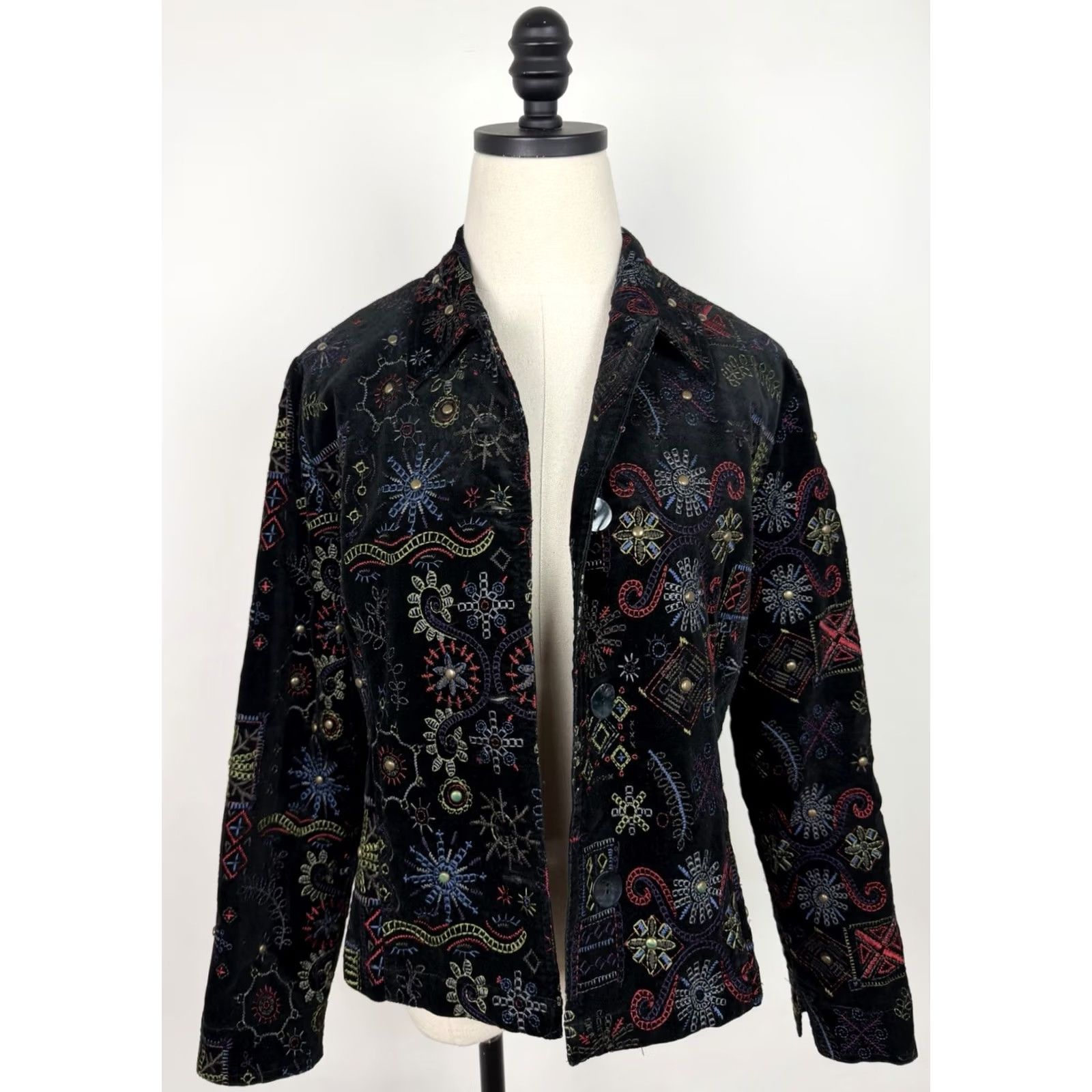 Vintage Chicos Jacket Womens Small Black Velvet Embroidered Studded 90s Bohemian Western Vintage Coat Short Sleeve Button Front Stretch Size S / US 4 / IT 40 - 4 Thumbnail