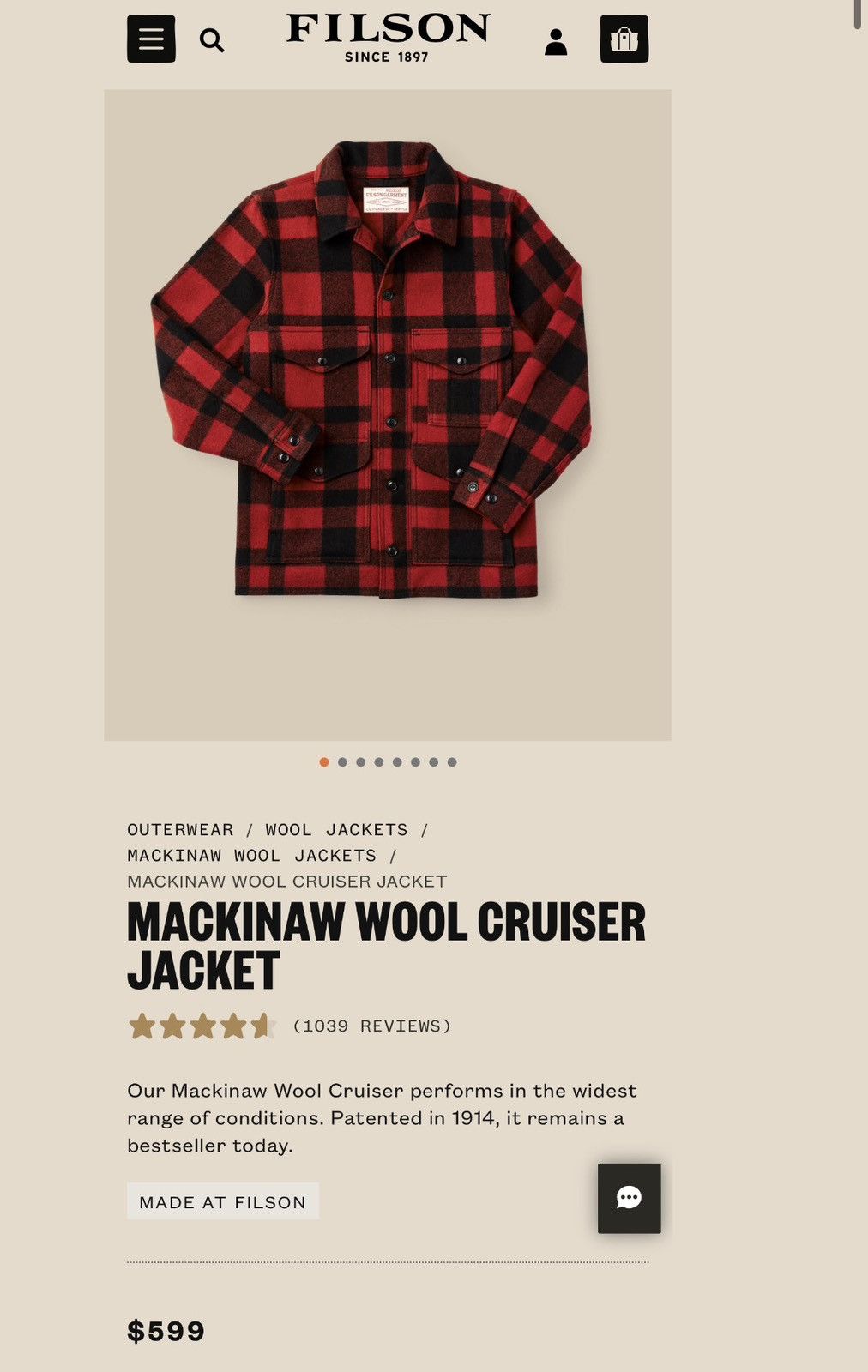 Filson $630 MACKINAW WOOL CRUISER COAT JACKET WORK PLAID BLUE Size US M / EU 48-50 / 2 - 5 Thumbnail
