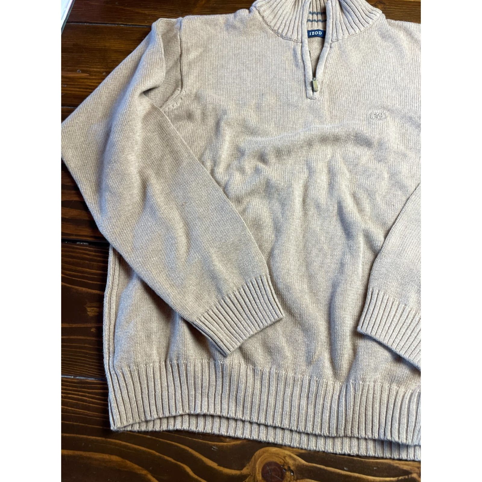 Izod IZOD Sweater Men's XL Tan Pullover 1/4 Zip Up Knit Mock Neck Long Sleeve Solid Brown Size US XL / EU 56 / 4 - 4 Thumbnail