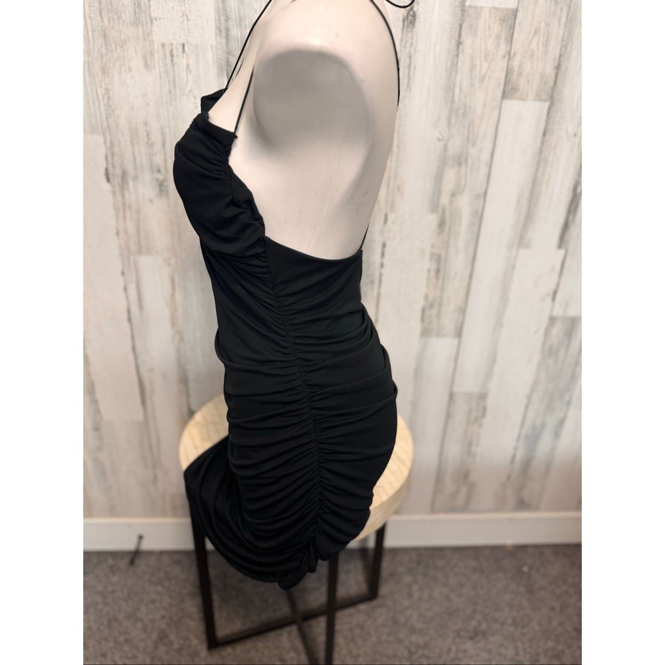 Other Black Ruched Bodycon Mini Dress Halter Neck Tie Back Stretch Size L / US 10 / IT 46 - 3 Thumbnail