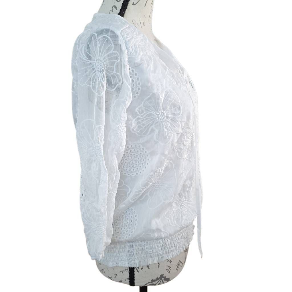 Anthropologie Kindred Women's Size Petite Large White Sheer Floral Embroid Size L / US 10 / IT 46 - 6 Thumbnail