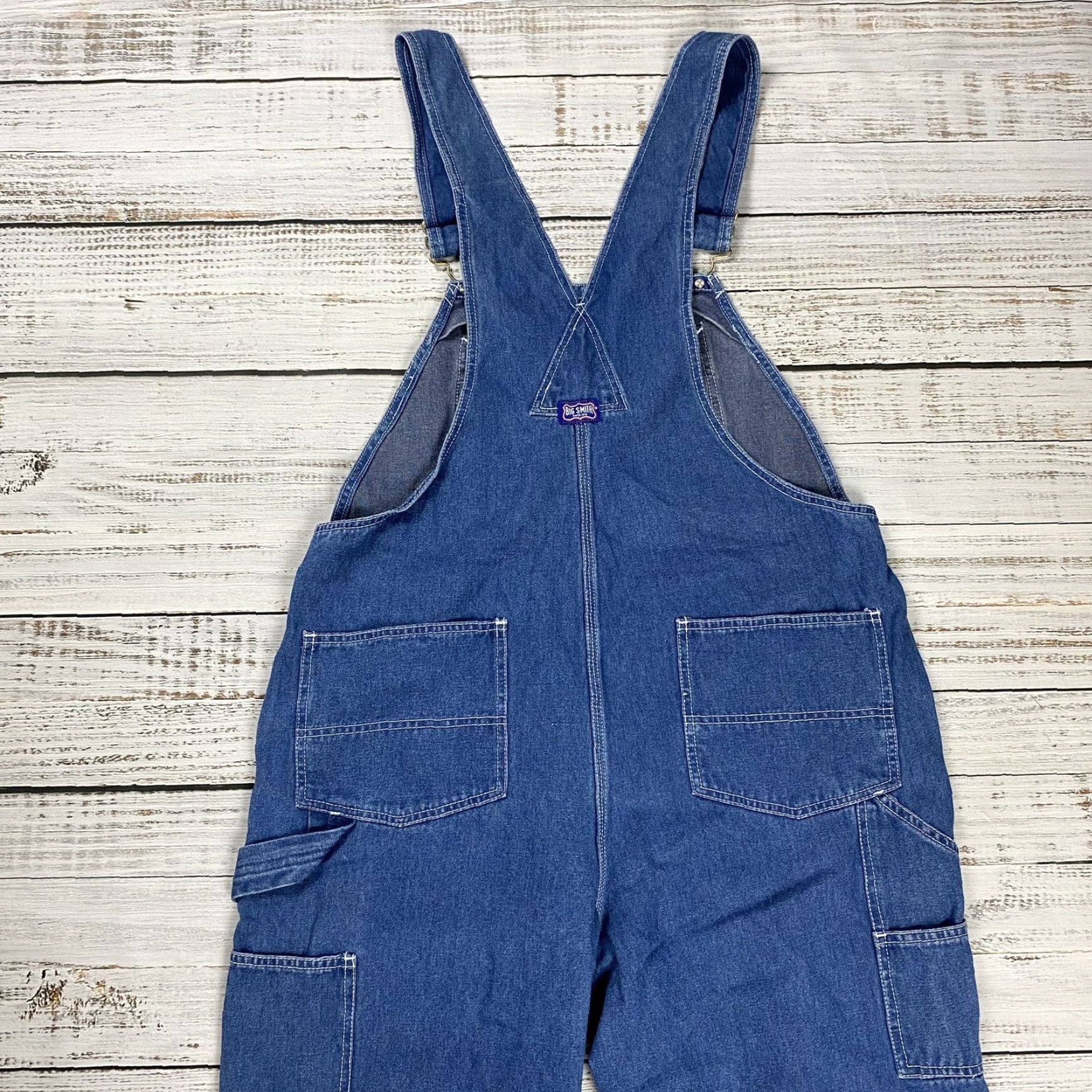 BIG SMITH DENIM OVERALLS Mens 38X32 Relaxed Fit Blue Adjustable Straps 5-Pocket Design