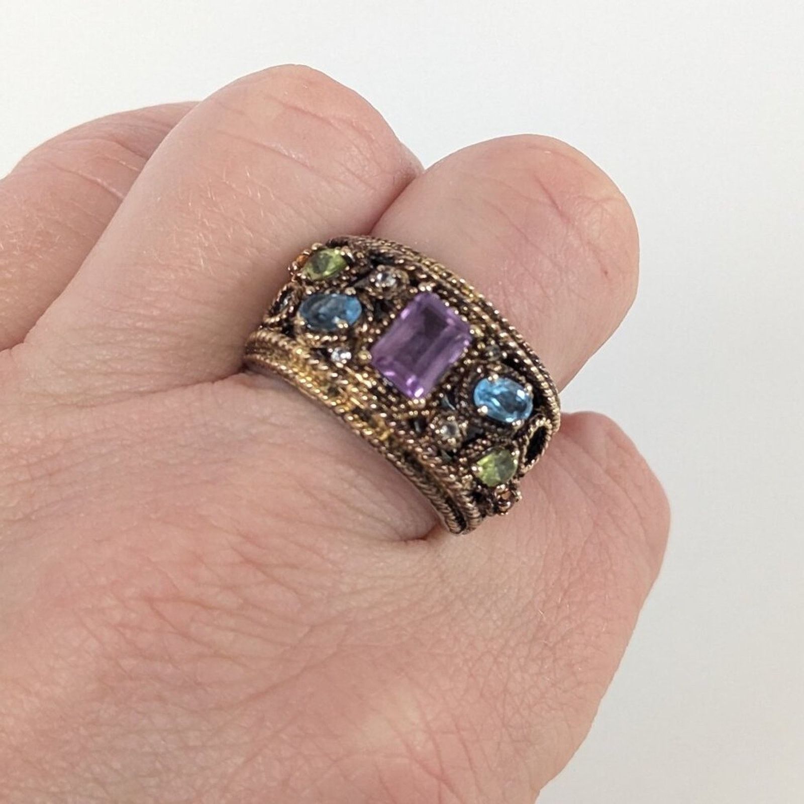 Vintage Sima K Amethyst Multi Gemstone Two Tone Silver Cocktail Ring Size ONE SIZE - 6 Thumbnail