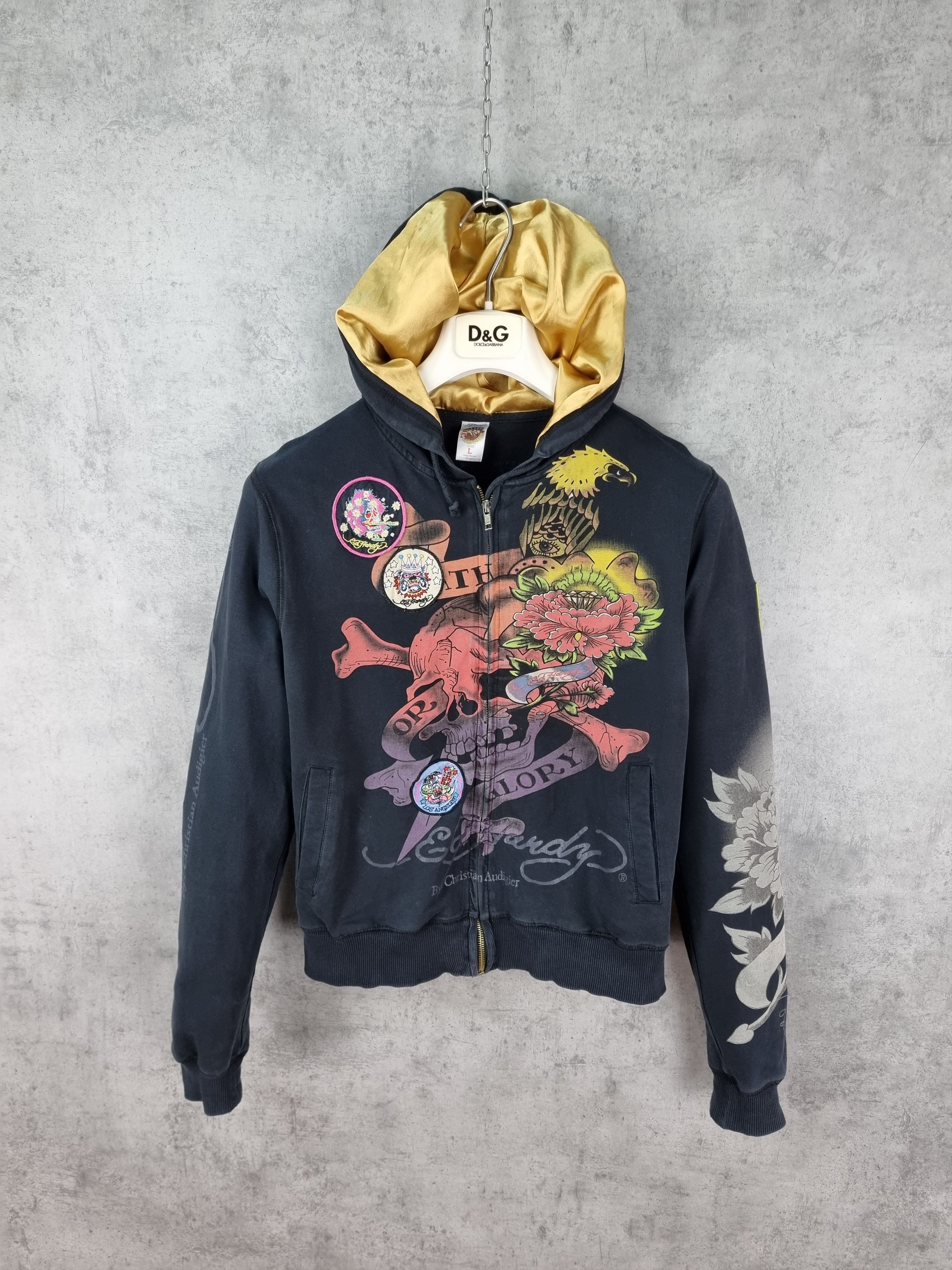 Christian Audigier × Ed Hardy Ed Hardy Embroidered Patches Faded Zipped Hoodie Size L / US 10 / IT 46 - 1 Thumbnail