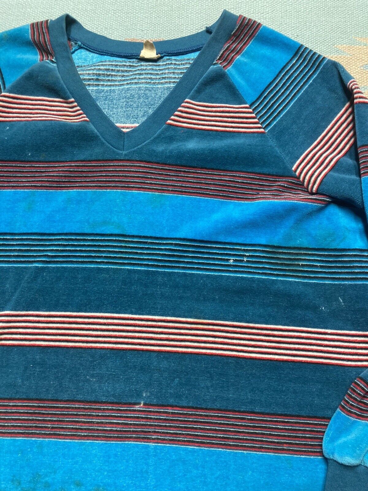Vintage 70s velour shirt v neck soft striped women’s 44 men’s large Size US L / EU 52-54 / 3 - 6 Thumbnail