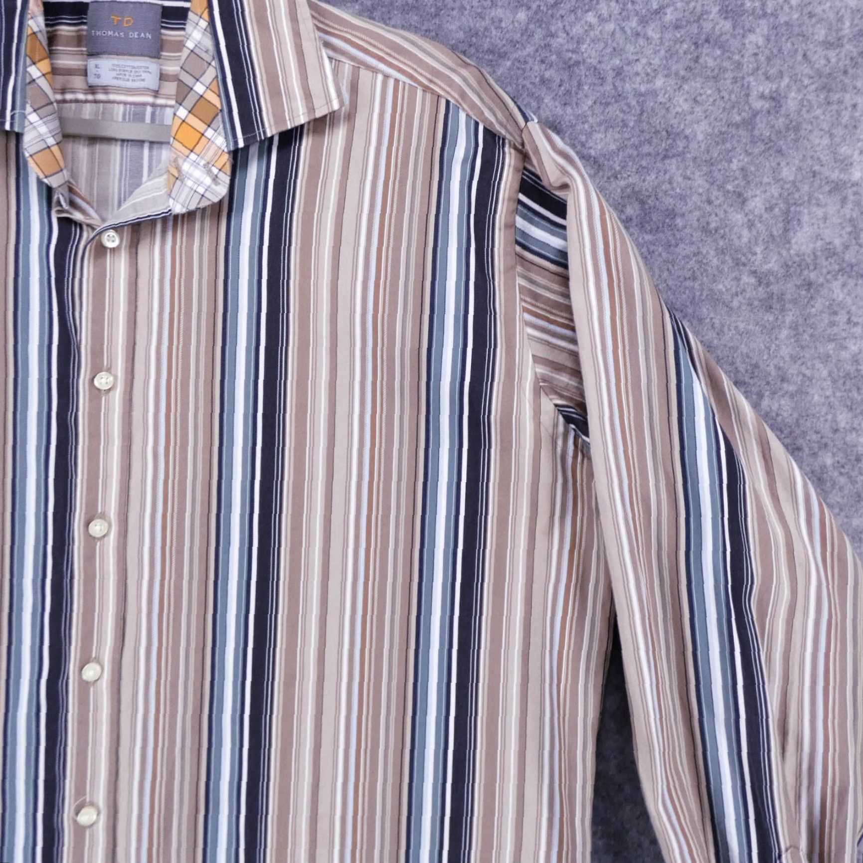 Vintage Thomas Dean Shirt Mens Extra Large Button Up Long Sleeve Beige Blue Striped Size US XL / EU 56 / 4 - 6 Thumbnail