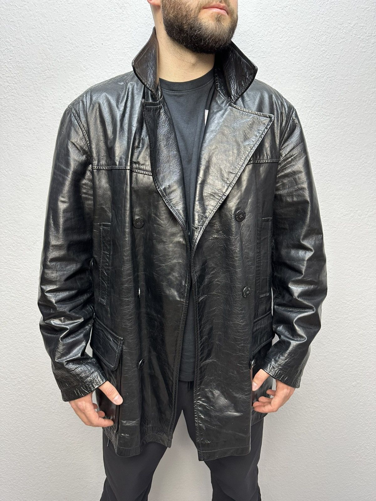 Versace Jeans Couture Versace Archival Double Breasted Leather Coat Jacket Size US XL / EU 56 / 4 - 4 Thumbnail