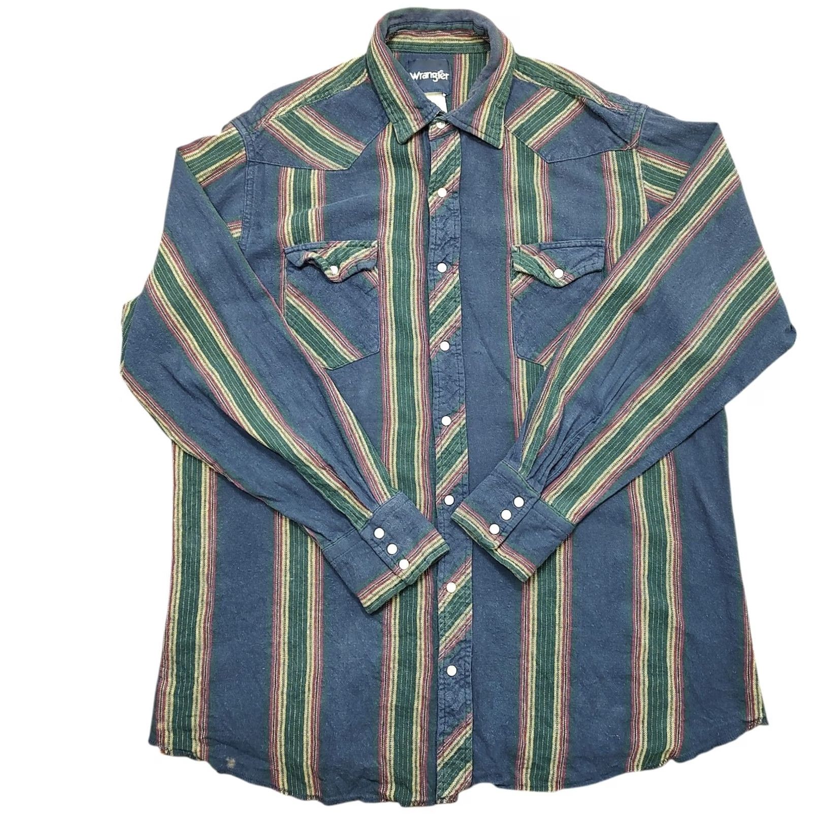 Wrangler VINTAGE Wrangler Blue Western Cowboy Striped Flannel Shirt Mens XL Pearl Snaps Shirt Size US XL / EU 56 / 4 - 2 Thumbnail