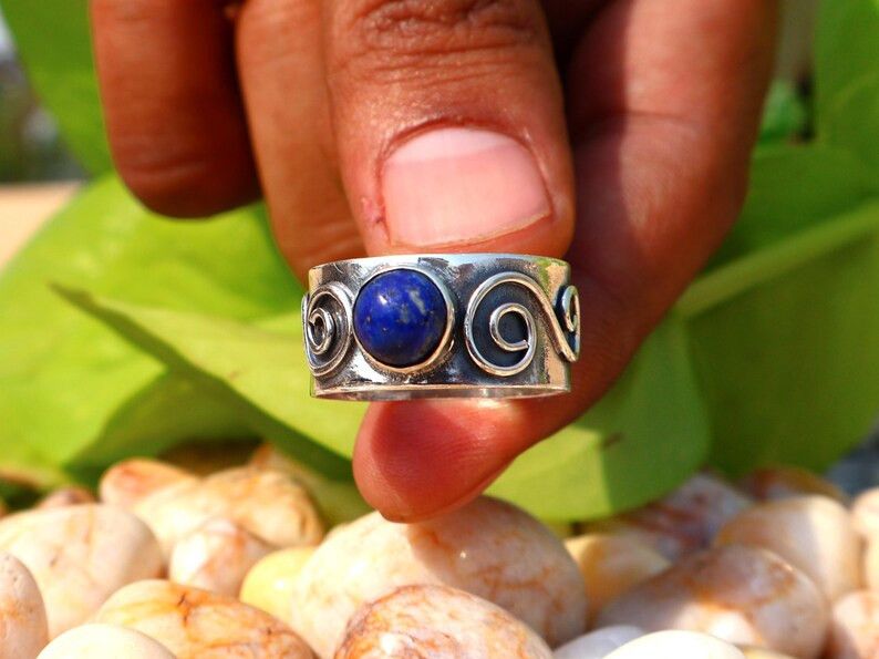 Handmade Lapis Lazuli Band Ring, Handmade Sterling Silver Ring Size ONE SIZE - 4 Thumbnail