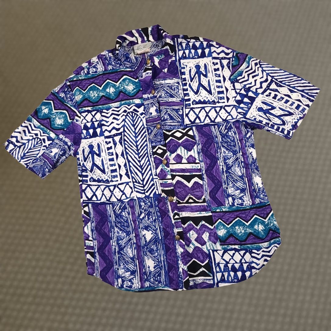 Lee VINTAGE Kathie Lee Button Up Shirt Women's 8 Blue Geometric Aztec Short Sleeve USA Size M / US 6-8 / IT 42-44 - 1 Thumbnail