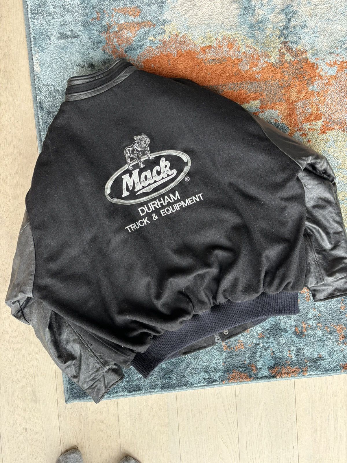 image of Vintage 90’S Mack Truck Bull Dog Leather Varsity Jacket in Black, Men's (Size 2XL)