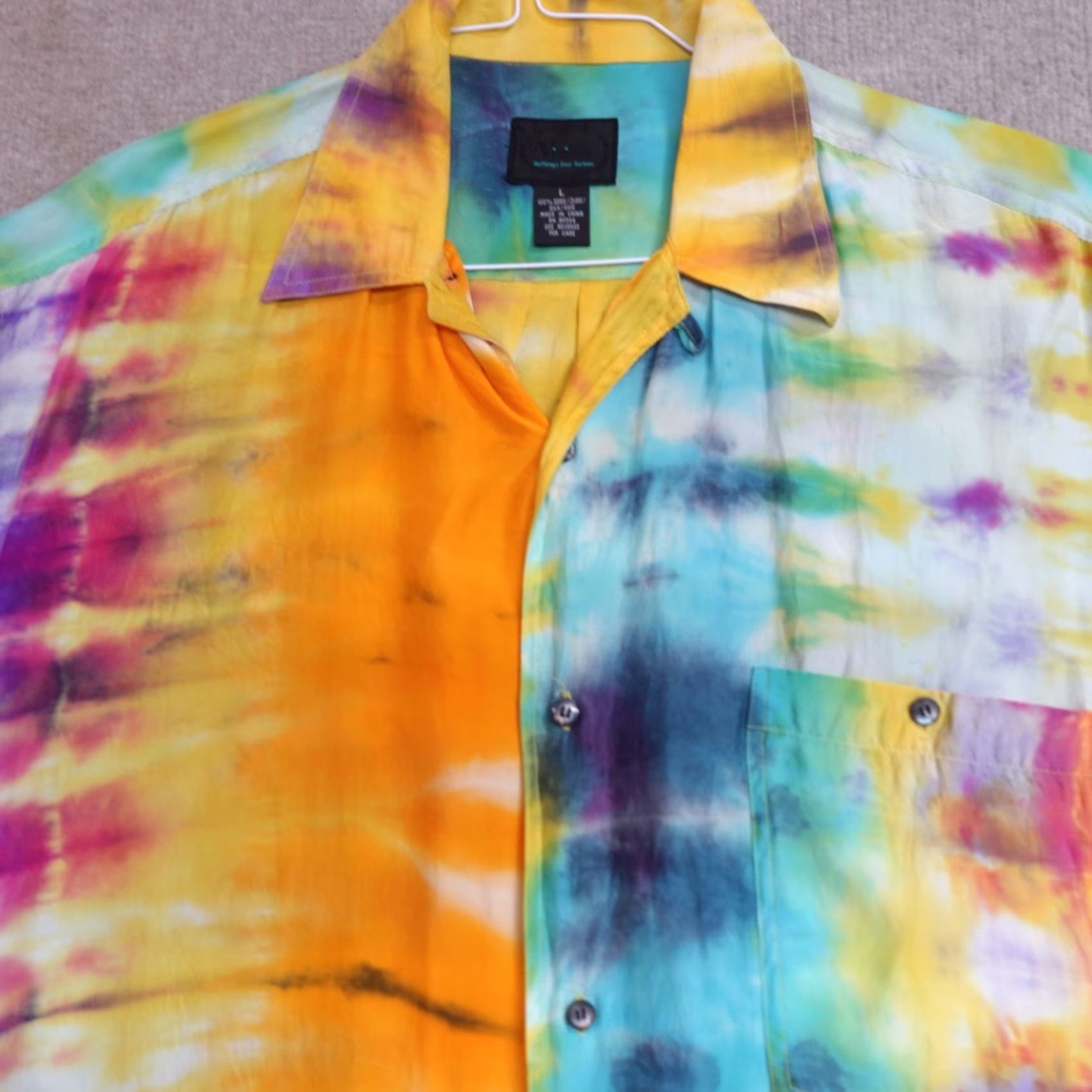 Vintage VINTAGE Visitor Shirt L Blue Silk Tie Dye Geometric Button-Up Short Sleeve Collared Loud Loop Collar Mens Size US L / EU 52-54 / 3 - 2 Thumbnail