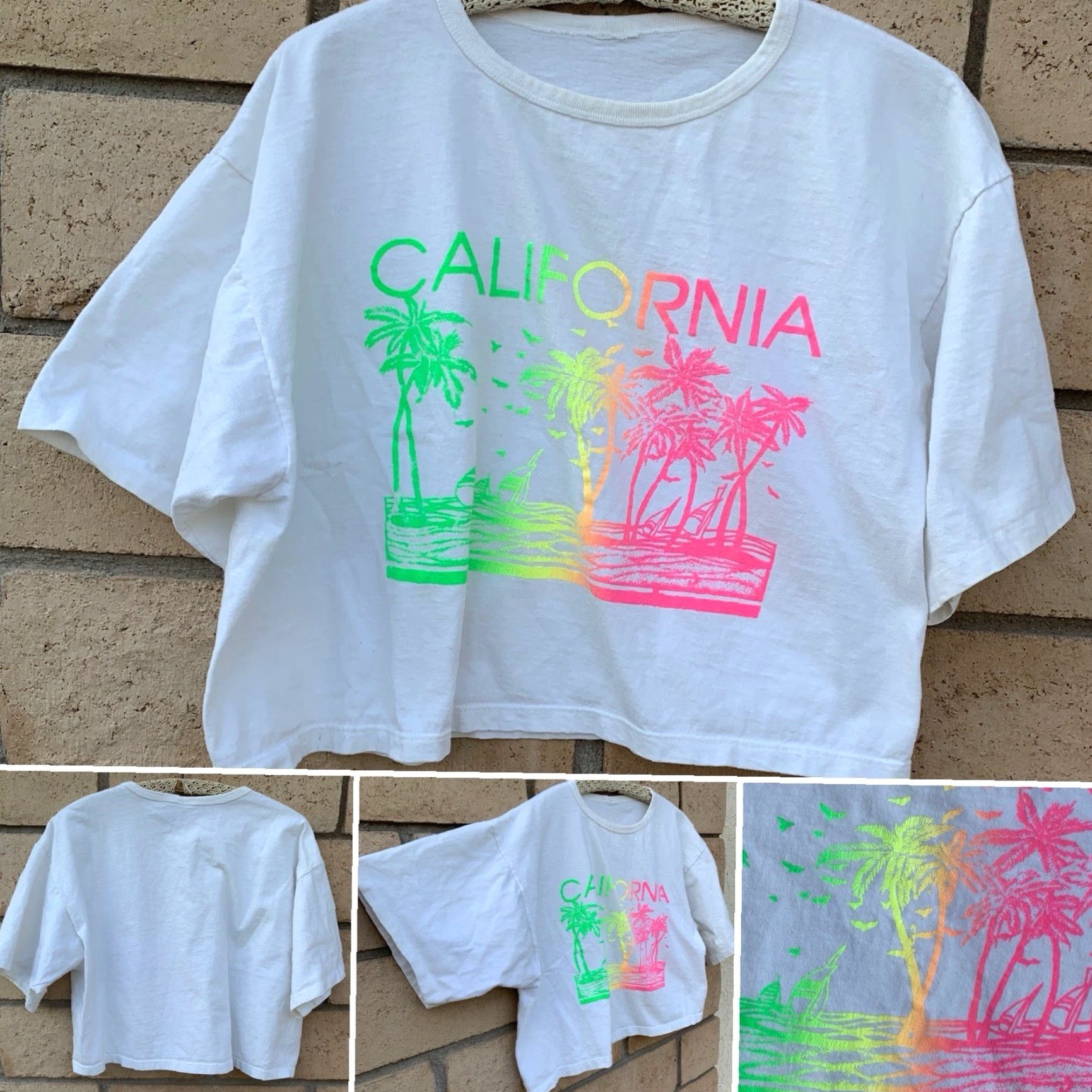 Vintage VINTAGE California Cropped T Shirt One Size White 80s 1980s Cropped T-Shirt Neon Graphics Sailboats Palm Trees Tropical Womens Shirt Size ONE SIZE - 2 Thumbnail