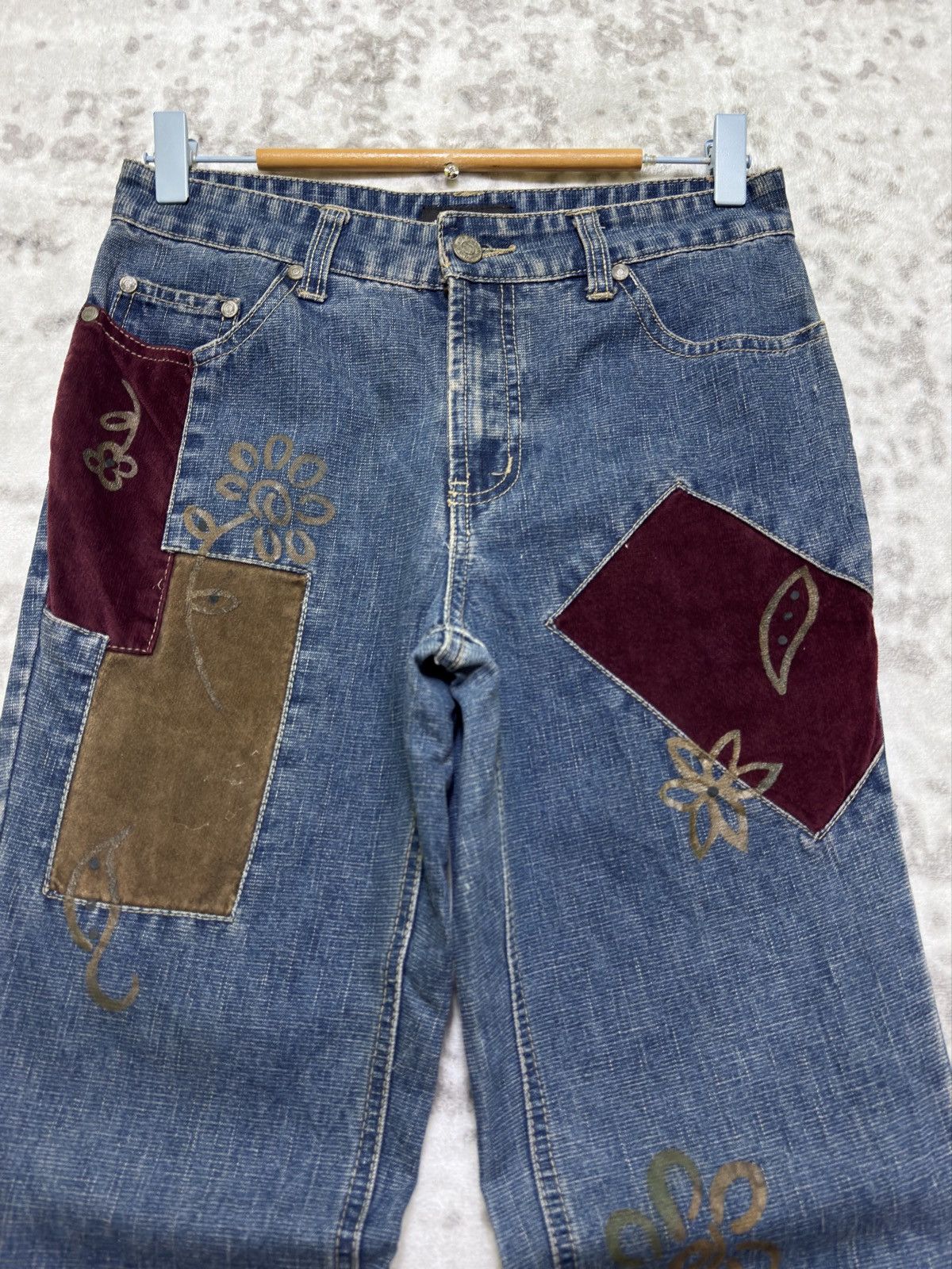 Hysteric Glamour No Boundaries Y2K Patchwork Velvet Bootcut Flare Denim Jeans Size US 27 - 3 Thumbnail