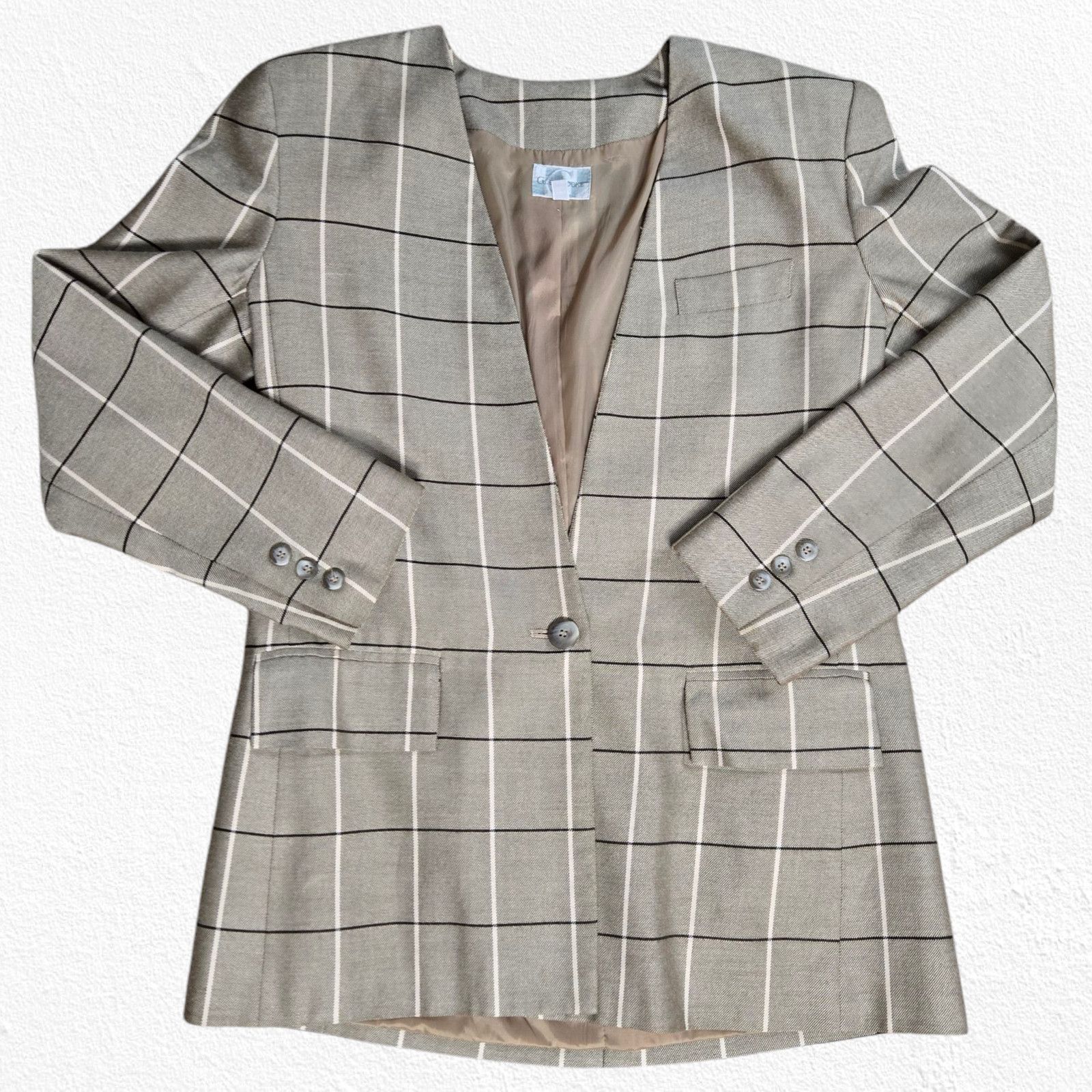 Vintage Vintage Beige Windowpane Plaid Power Suit Blazer Size 8 Size M / US 6-8 / IT 42-44 - 2 Thumbnail