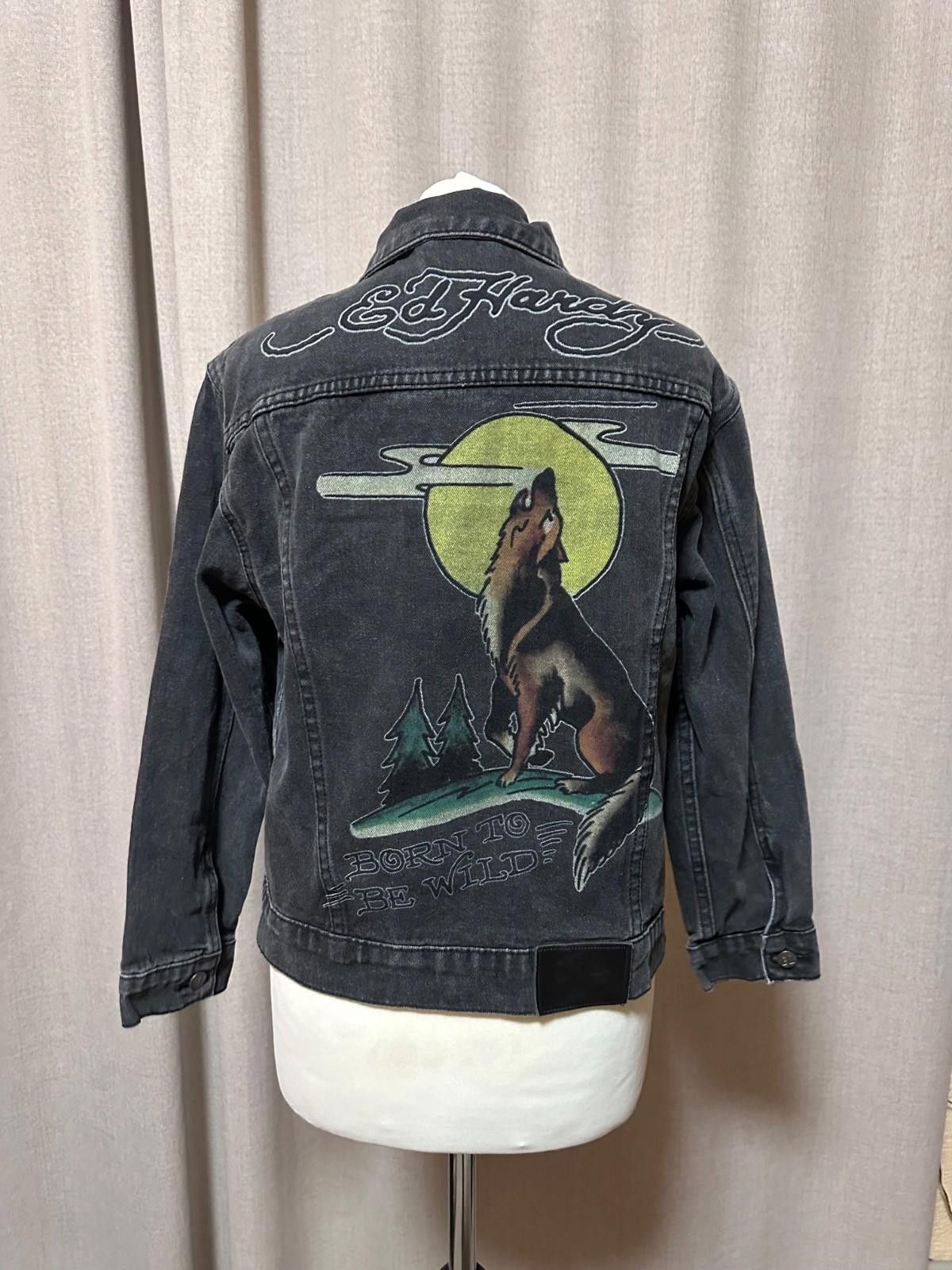 Ed Hardy Denim Gray Jacket Wolf Sz M Womens