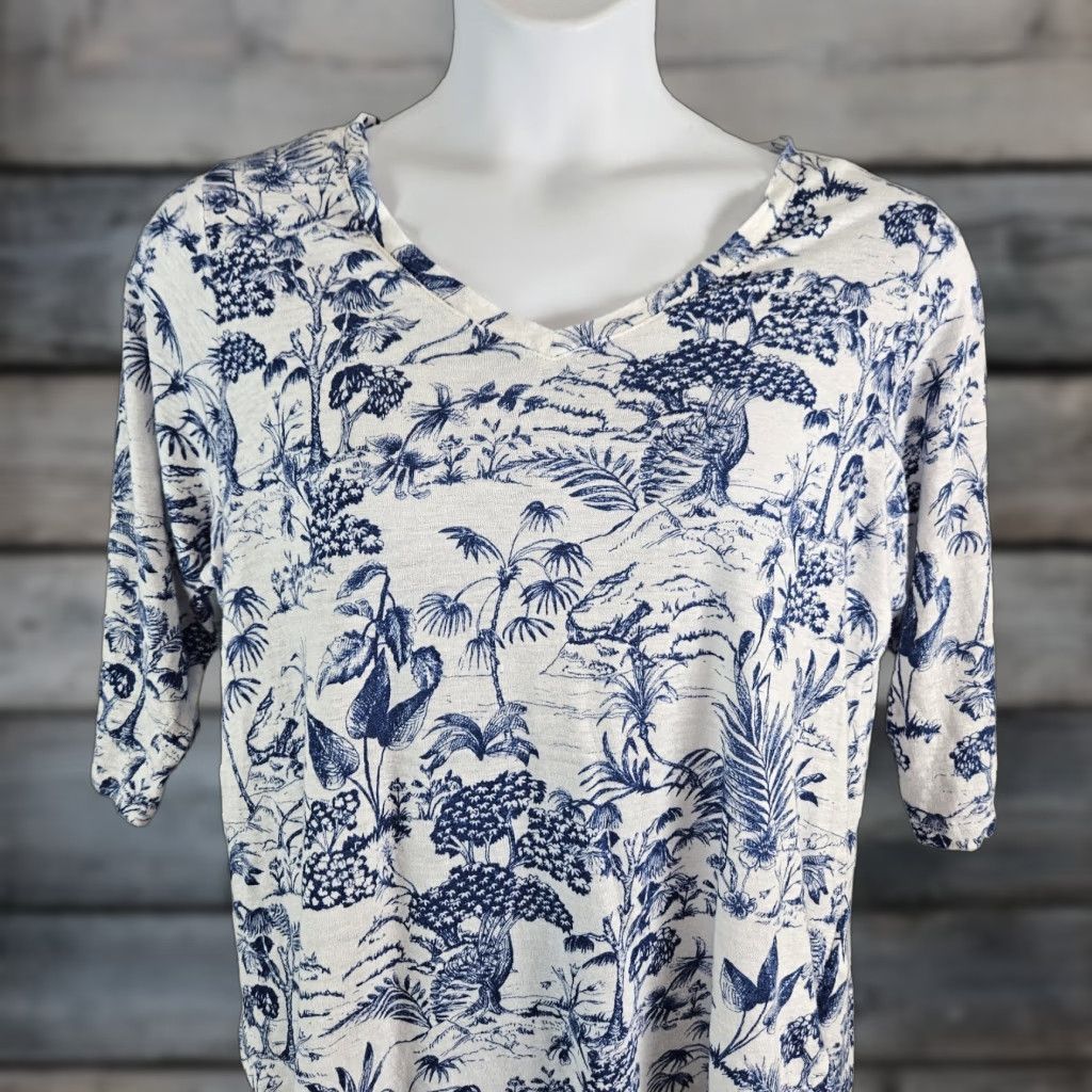 Nicole Miller Nicole Miller Womens Blouse 1X Linen Top 3/4 Sleeve Multicolor Tree Print Blue White Shirt Womens Size XL / US 12-14 / IT 48-50 - 1 Thumbnail