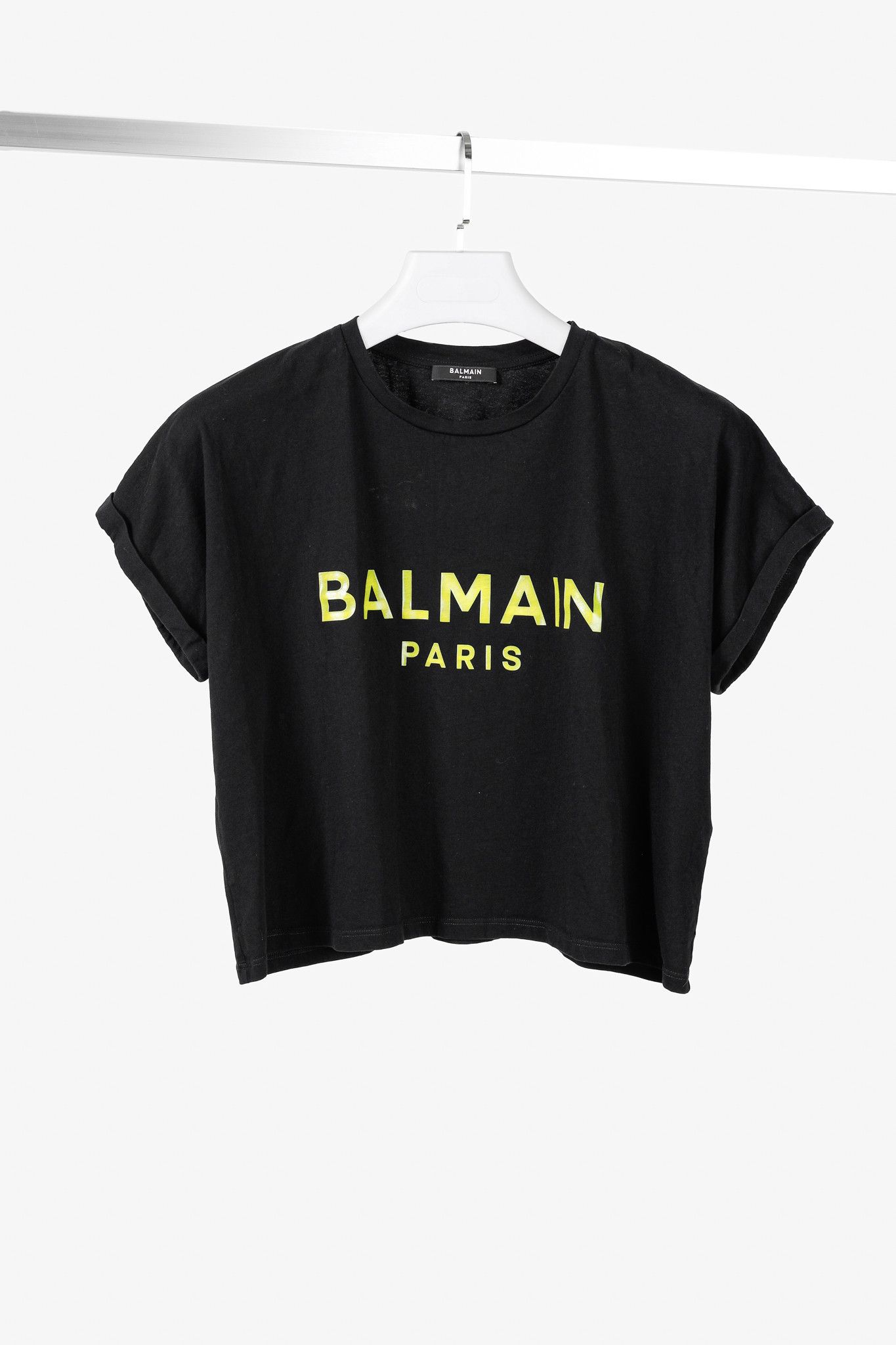 Balmain Black Cotton Cropped Lime-Logo-Print T-Shirt