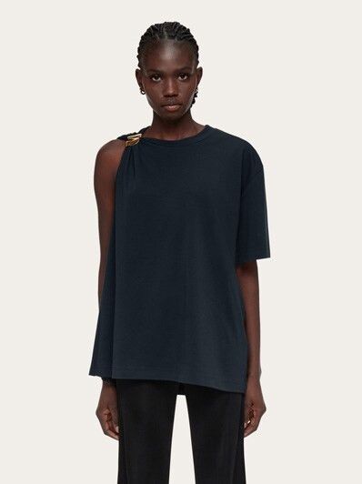 Salvatore Ferragamo o1s1rm0126 Golden Clip Crewneck T-Shirt in Navy Blue Size M / US 6-8 / IT 42-44 - 2 Thumbnail