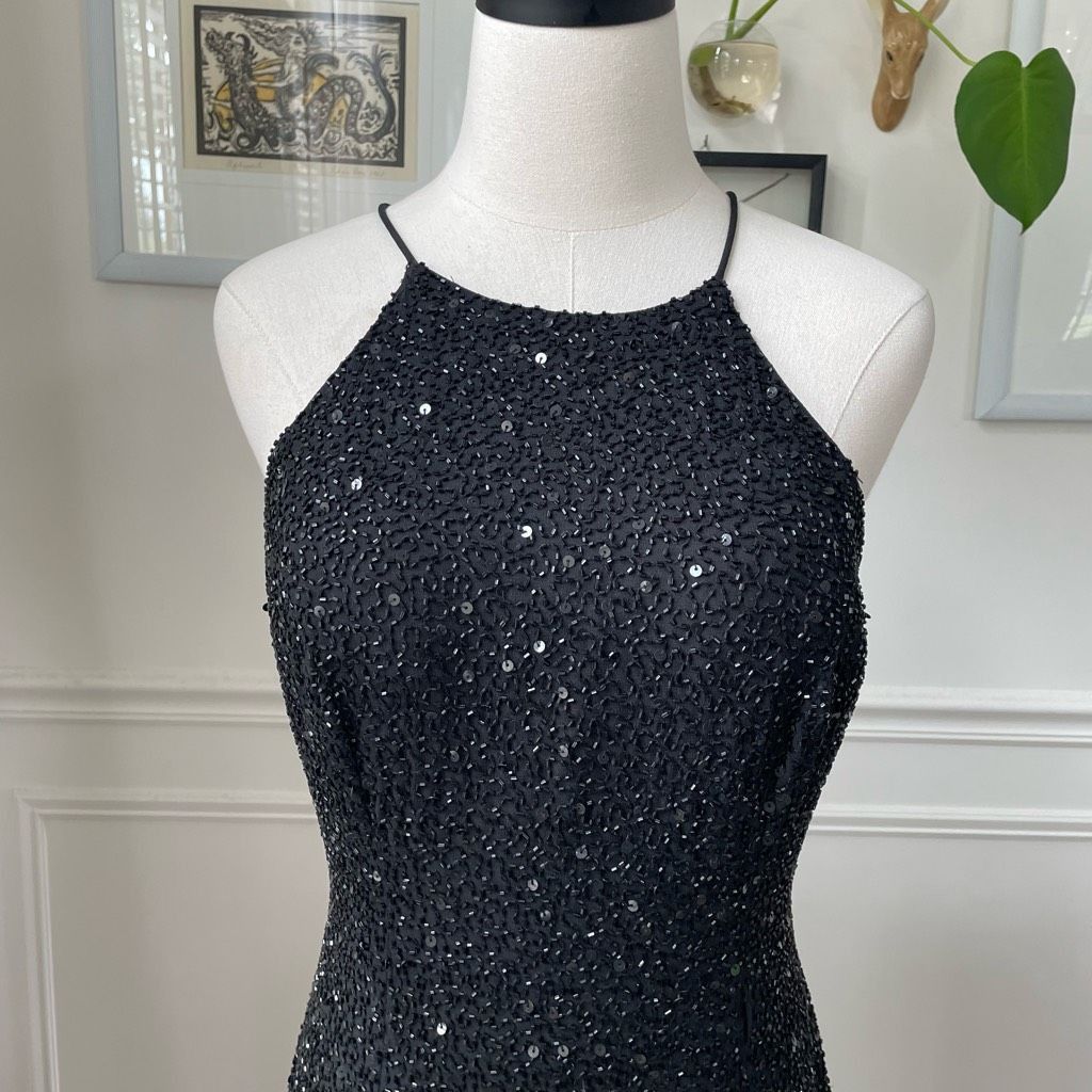Other Marina Halter Column Sheath Dress Gown Black Sequin Beaded 1 | Grailed