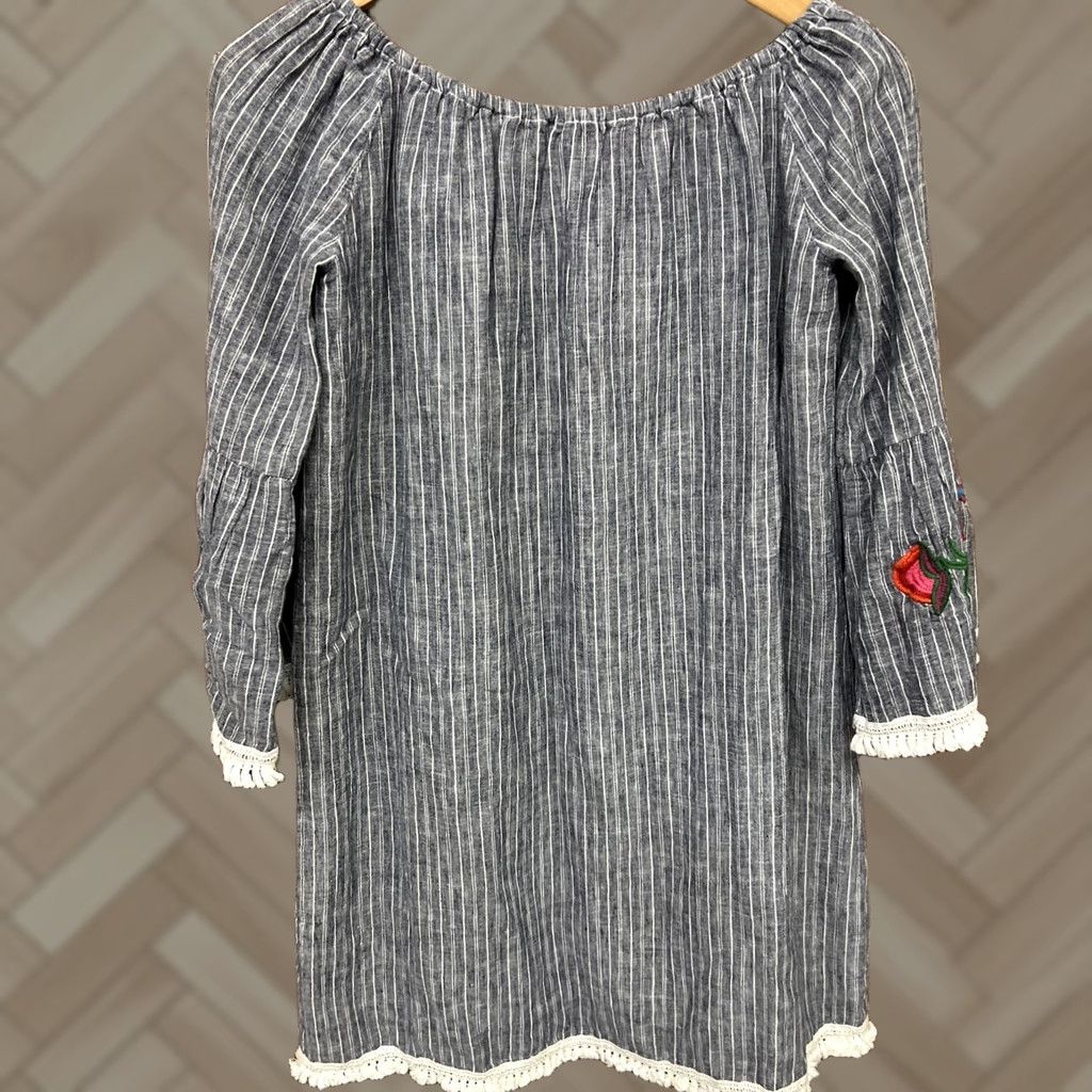 Vintage Beach Lunch Lounge Dress Womens Blue Striped Over Shoulder Embroidered Small Short Linen V-Neck Sundress Mini Casual Summer Women Size S / US 4 / IT 40 - 1 Thumbnail