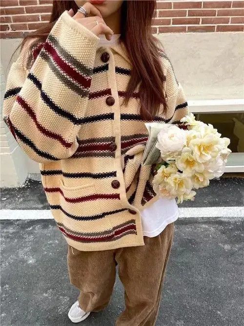 Japanese Brand Zoki Women Design Striped Cardigan Coat High Size ONE SIZE - 4 Thumbnail