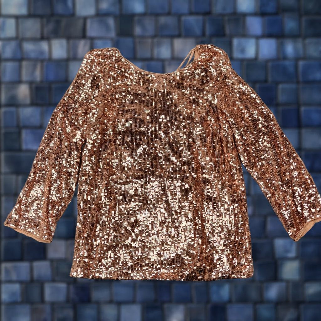 Anthropologie Anthropologie Gold Sequin Tunic Top Blouse Womens 4 3/4 Sleeve Tie Back Size S / US 4 / IT 40 - 1 Thumbnail