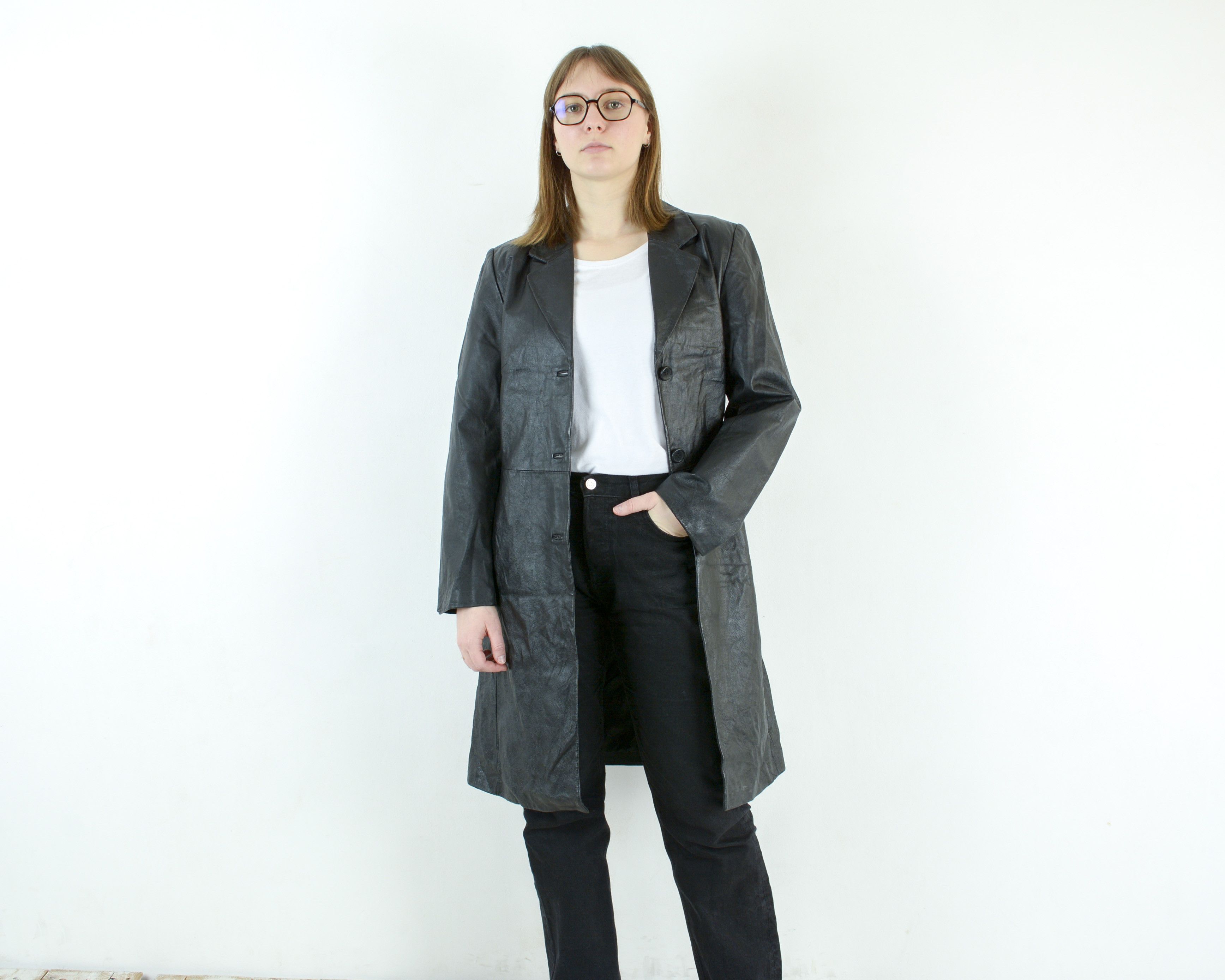 Target Basics × Vintage Genuine Leather Coat Black Button Up Jacket US 16 Trench Mac Size XL / US 12-14 / IT 48-50 - 2 Thumbnail