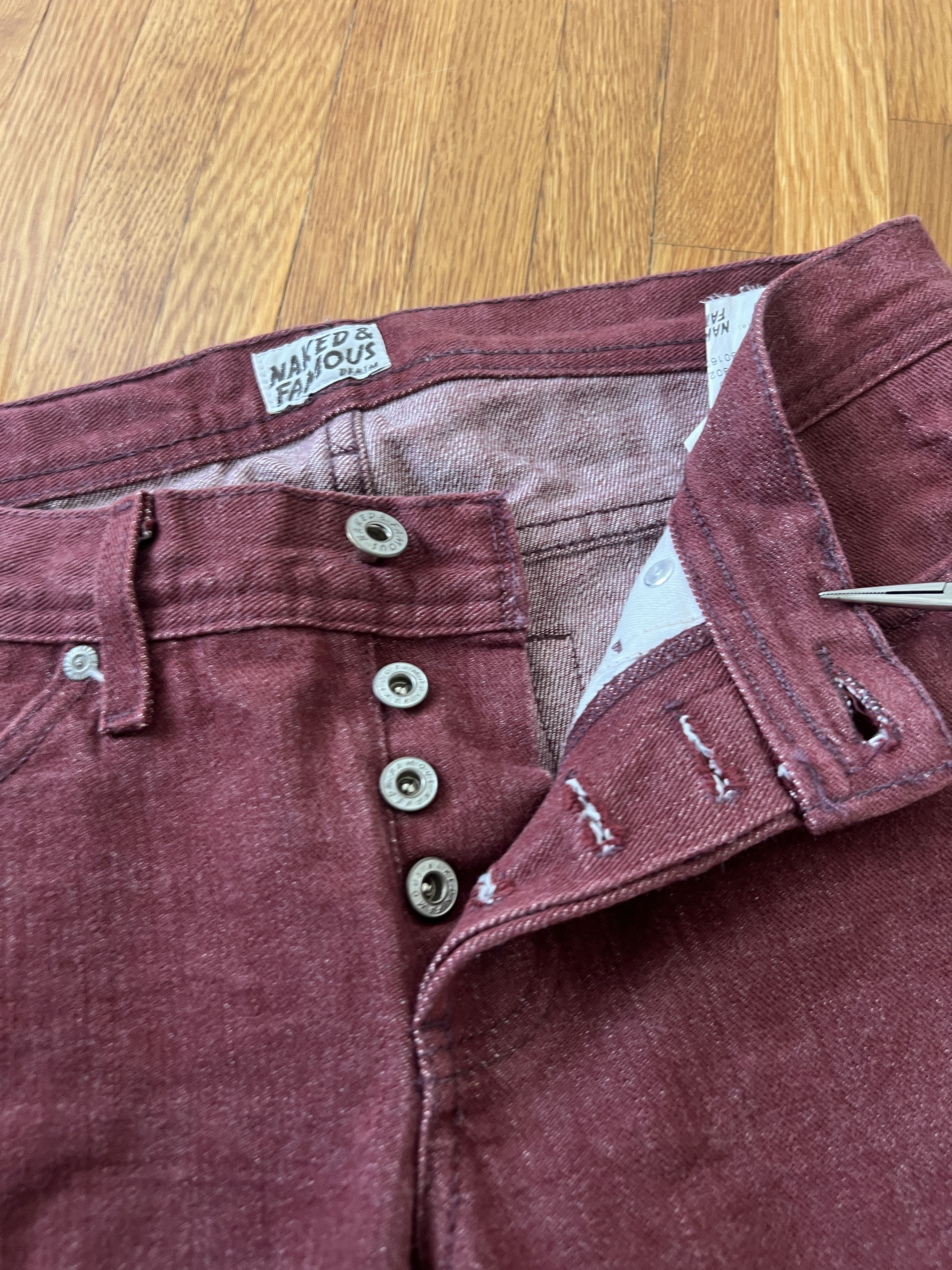 Naked & Famous Pomegranate Selvedge Weird Guy Button-Fly Jeans - 29x27 Size US 29 - 6 Thumbnail
