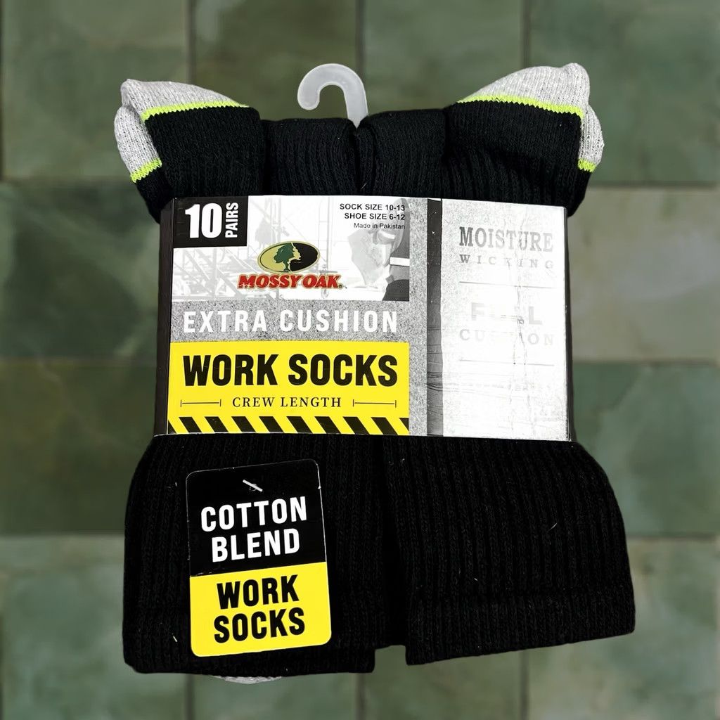 Vintage Mossy Oak Men’s 10 Pair Extra Cushion Premium Crew Work Socks Shoe Size 6-12 Black/Grey Over the Calf Crew Socks Cushioned 10 Pairs Mens Size ONE SIZE - 1 Thumbnail