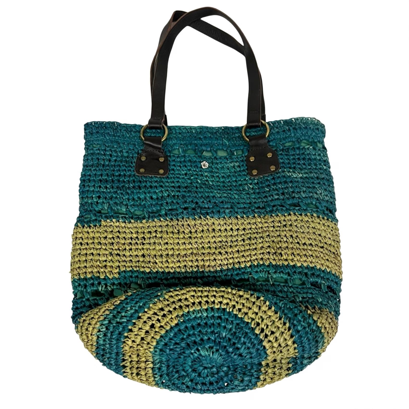 Vintage Flora Bella Raffia Straw Crochet Beach Market Bag Purse Tote Shoulder Bag Blue Leather Straps Women Size ONE SIZE - 4 Thumbnail