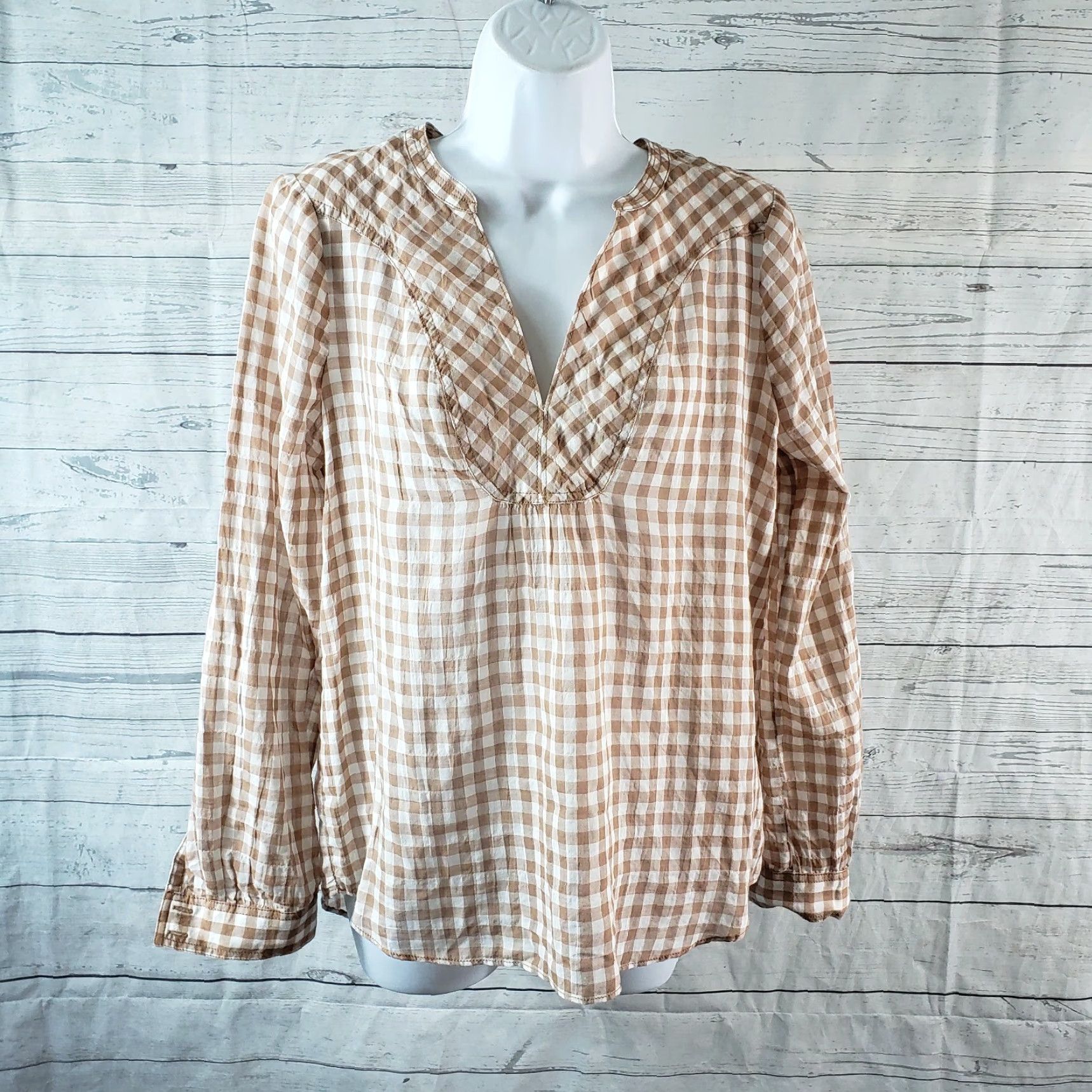 Vintage Holding Horses Womens Blouse Sz 2 Tan Gingham Long Sleeve Cotton Blend Shirt Clothing Mens? Size XS / US 0-2 / IT 36-38 - 2 Thumbnail