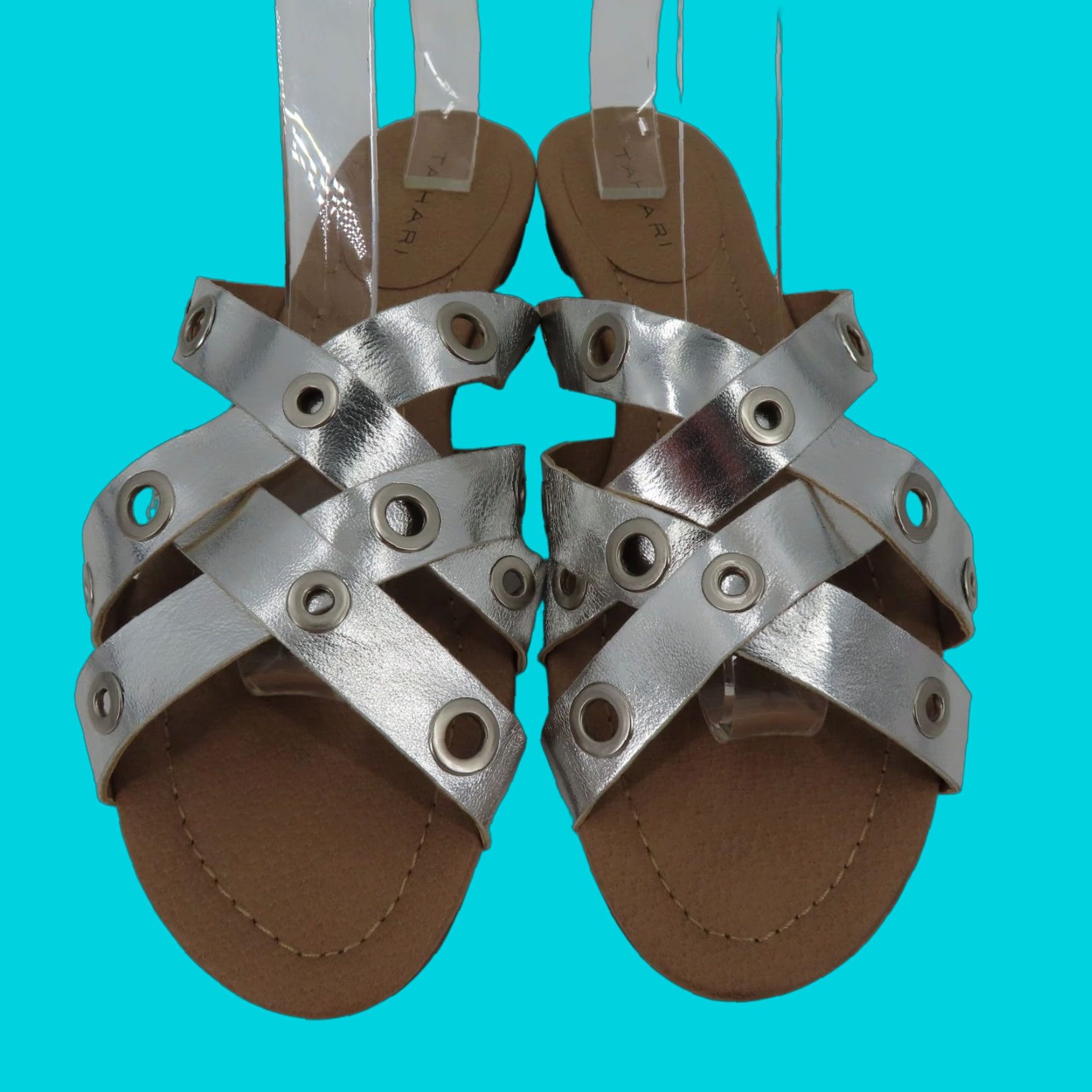 Vintage Tahari Drive Womens Sandal M Size 10 Faux Leather Silver Strappy Open Toe Flat Size US 10 / IT 40 - 1 Thumbnail