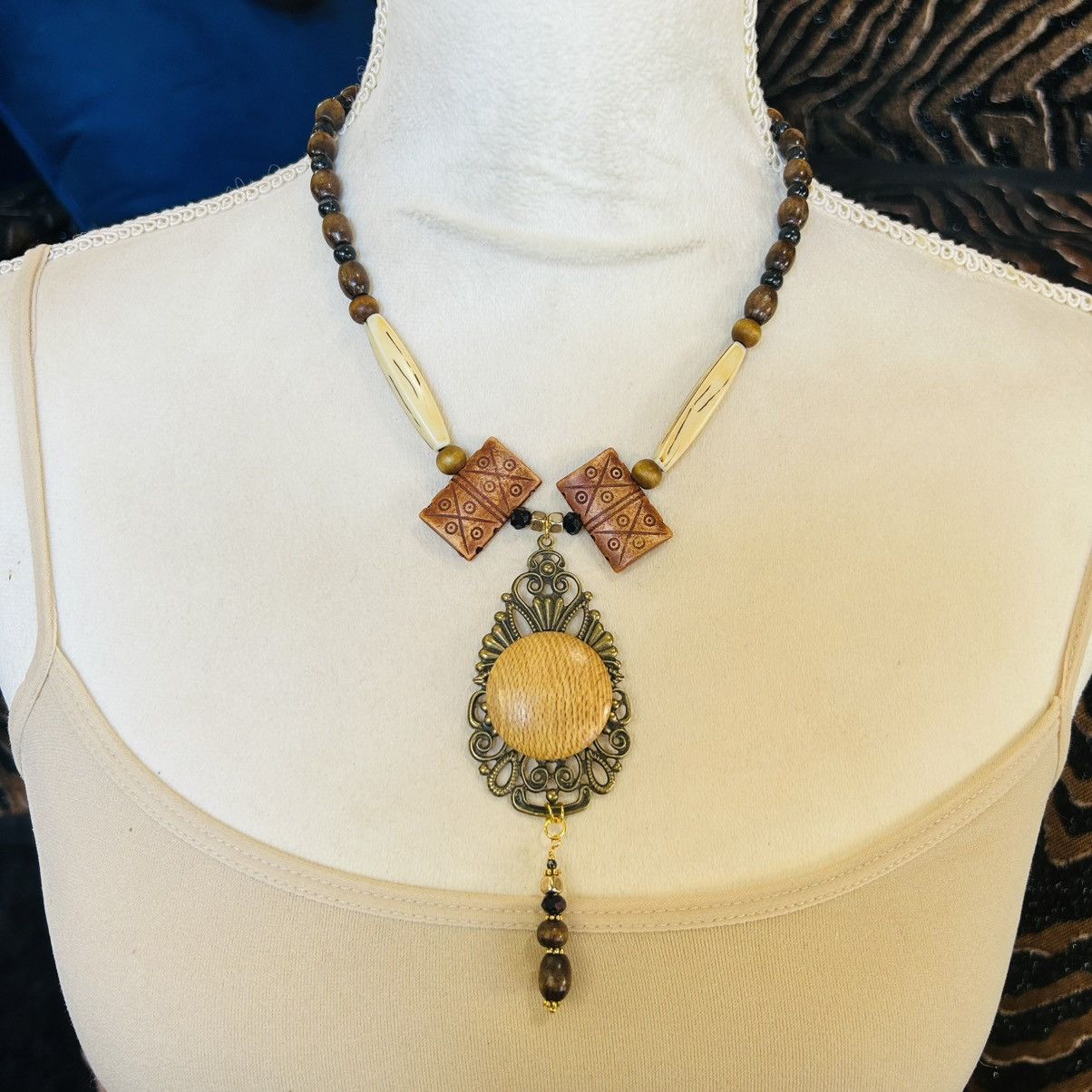 Handmade Handcrafted wood medallion filigree brass pendant necklace Size ONE SIZE - 2 Thumbnail