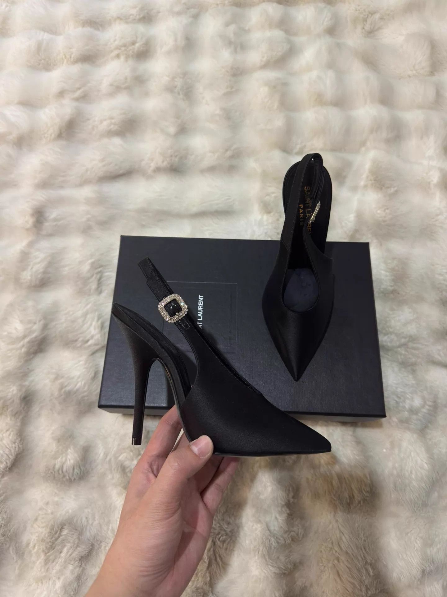 Saint Laurent Paris SAINT LAURENT Black Crystal Satin Heels New Size US 5.5 / IT 35.5 - 2 Thumbnail