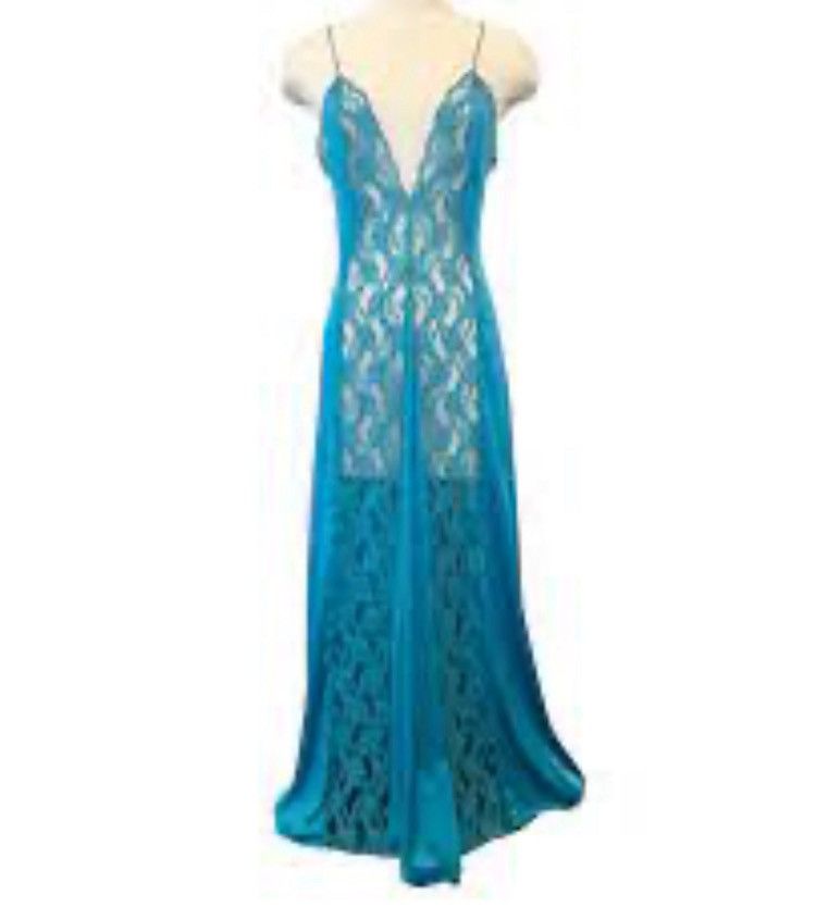 Other Vtg Val Mode Lingerie Slip Dress Nightgown Teal Lace Long Size S / US 4 / IT 40 - 1 Thumbnail
