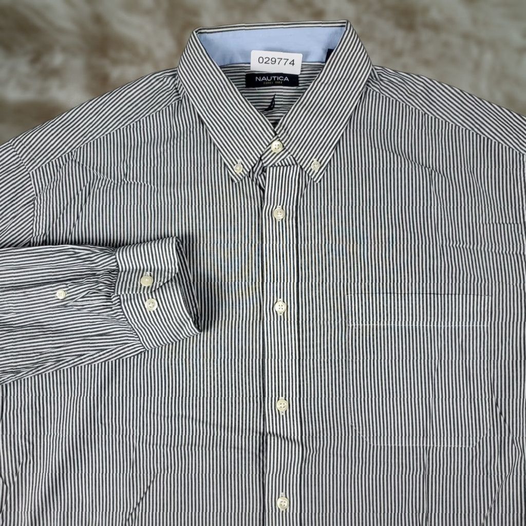 Nautica Nautica Dress Shirt Mens Size 17 Gray Striped Long Sleeve Button-Up Size 46R - 1 Thumbnail