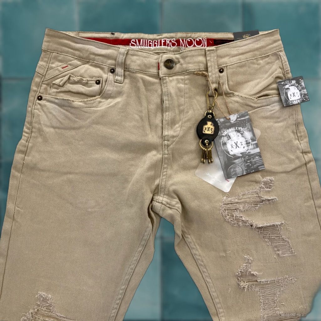 Denime Smugglers Moon Jeans Mens 36x32 Khaki Beige Denim Button Fly Roll Up Distressed Slim Skinny 5-Pocket Gothic Punk Skull Logo Denim Mens Size US 36 / EU 52 - 1 Thumbnail