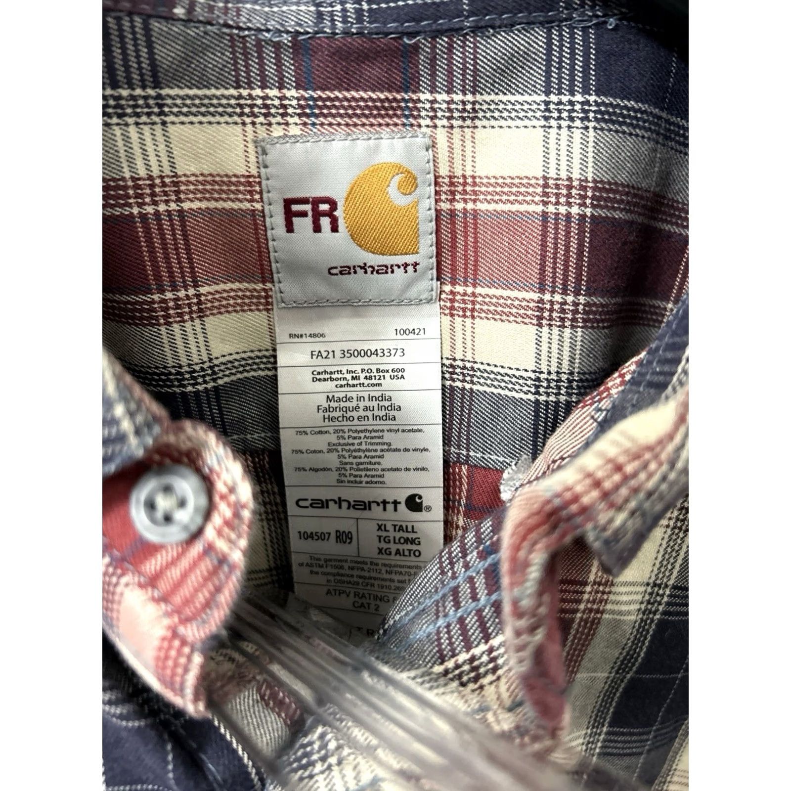 Carhartt Carhartt FR Flame Resistant Shirt Mens XL Tall Red Navy Plaid CAT2 L/S Size US XL / EU 56 / 4 - 5 Thumbnail