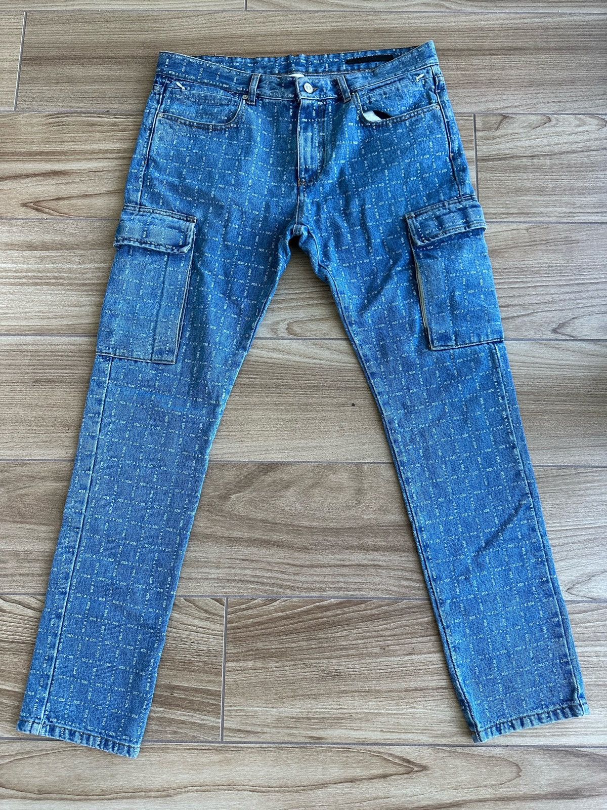 image of 1017 Alyx 9Sm Printed Check Logo Cargo Denim Jeans in Blue, Men's (Size 36)