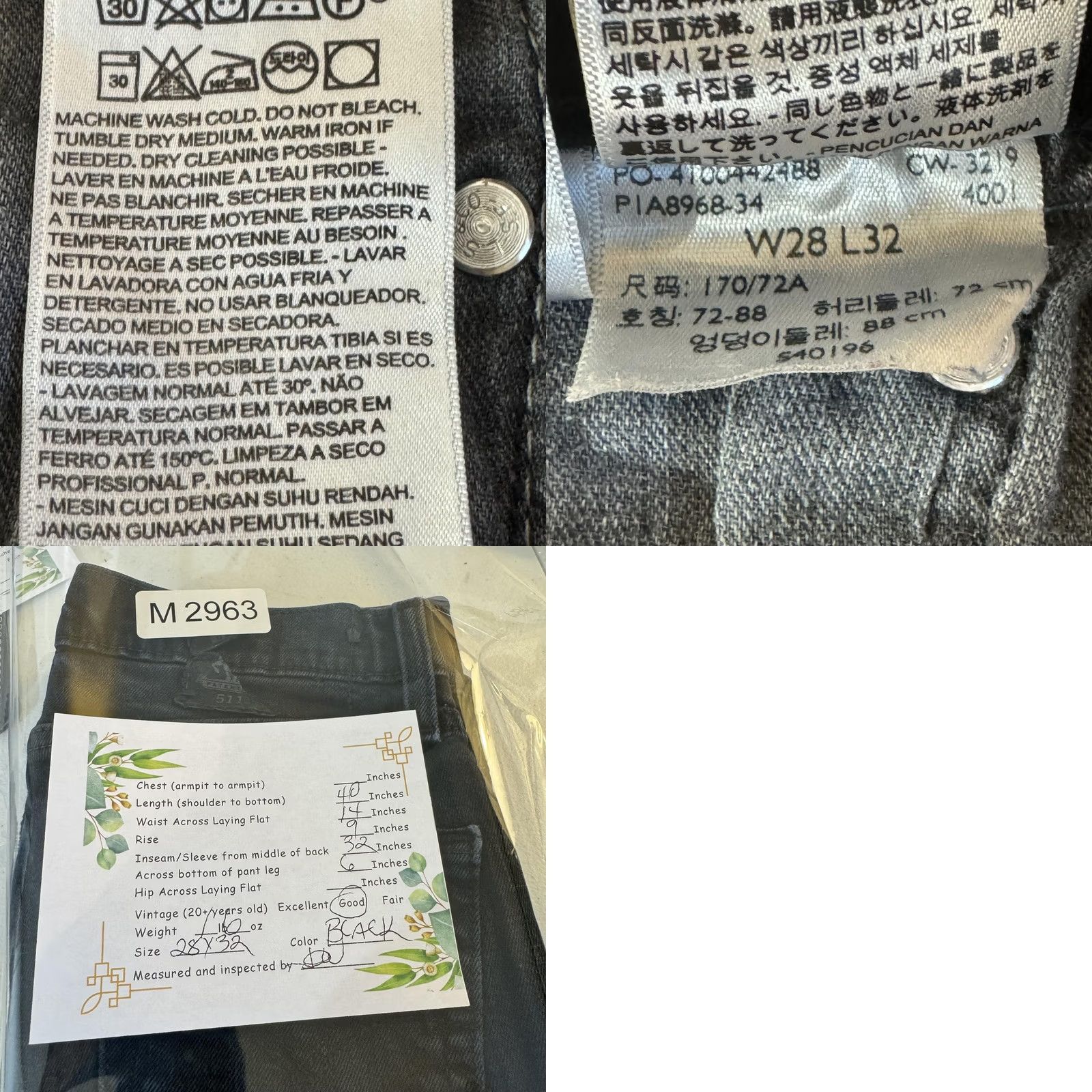 Levi's VINTAGE Levis 511 Jeans Mens 28x32 Black Slim Fit Stretch Denim Distressed Ripped Zipper Size US 28 / EU 44 - 8 Thumbnail