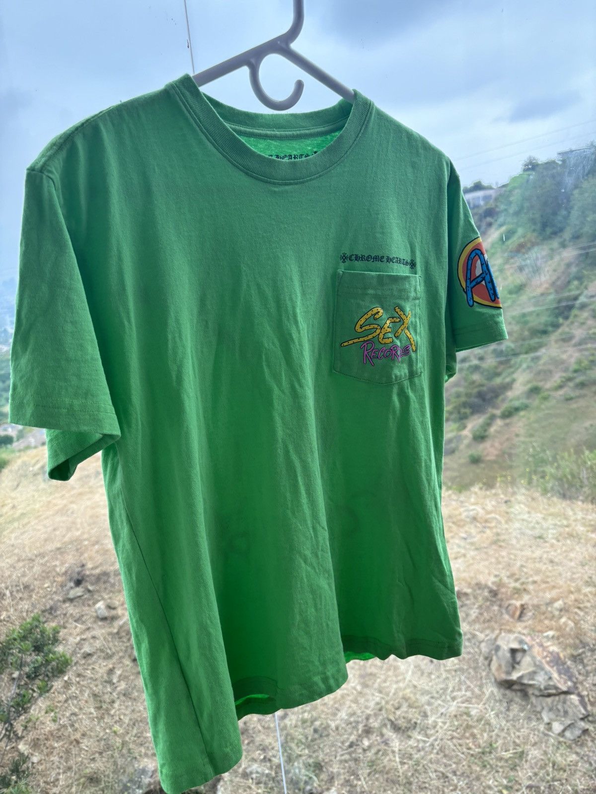 image of Chrome Hearts Matty Boy Lime Green “Sex Records” Tee, Men's (Size Small)