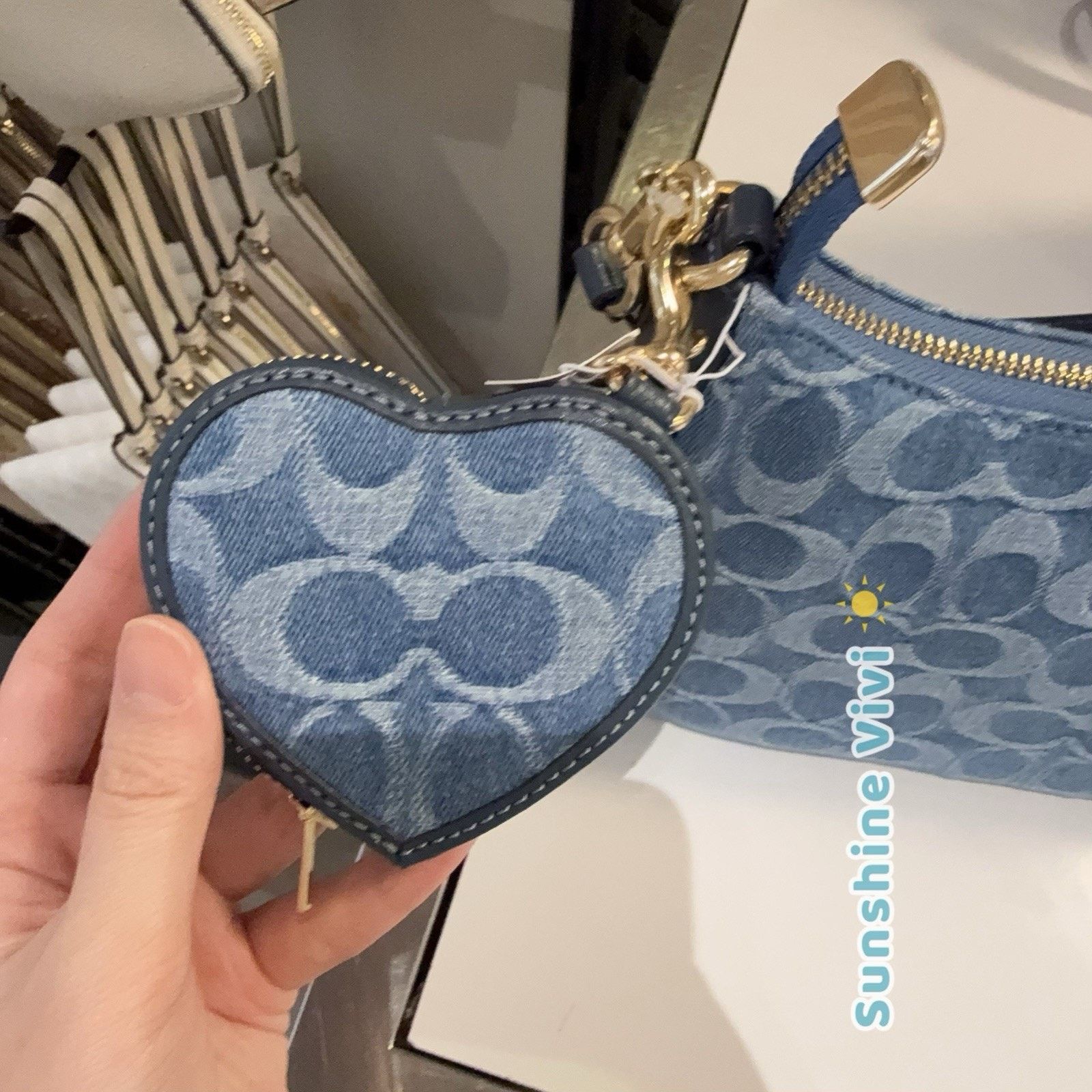Coach NWT coach Heart Bag Charm Signature Denim CDF55 Gold/Indigo Size ONE SIZE - 5 Thumbnail