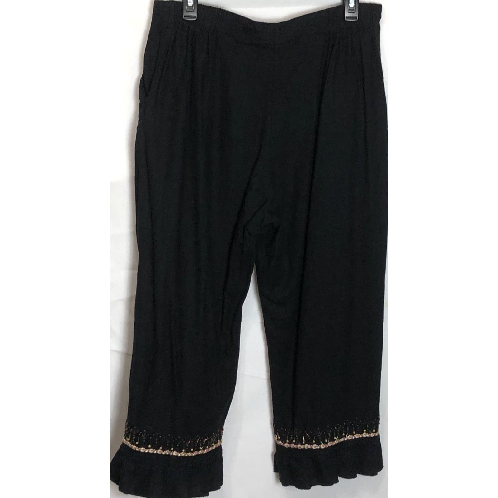 Vintage Hearts Of Palm Pants Cropped Casual Women 14 Black High Rise Beaded Linen Rayon 24in Inseam 32W Stretch Crop Size 24" / US 00 / IT 34 - 5 Thumbnail