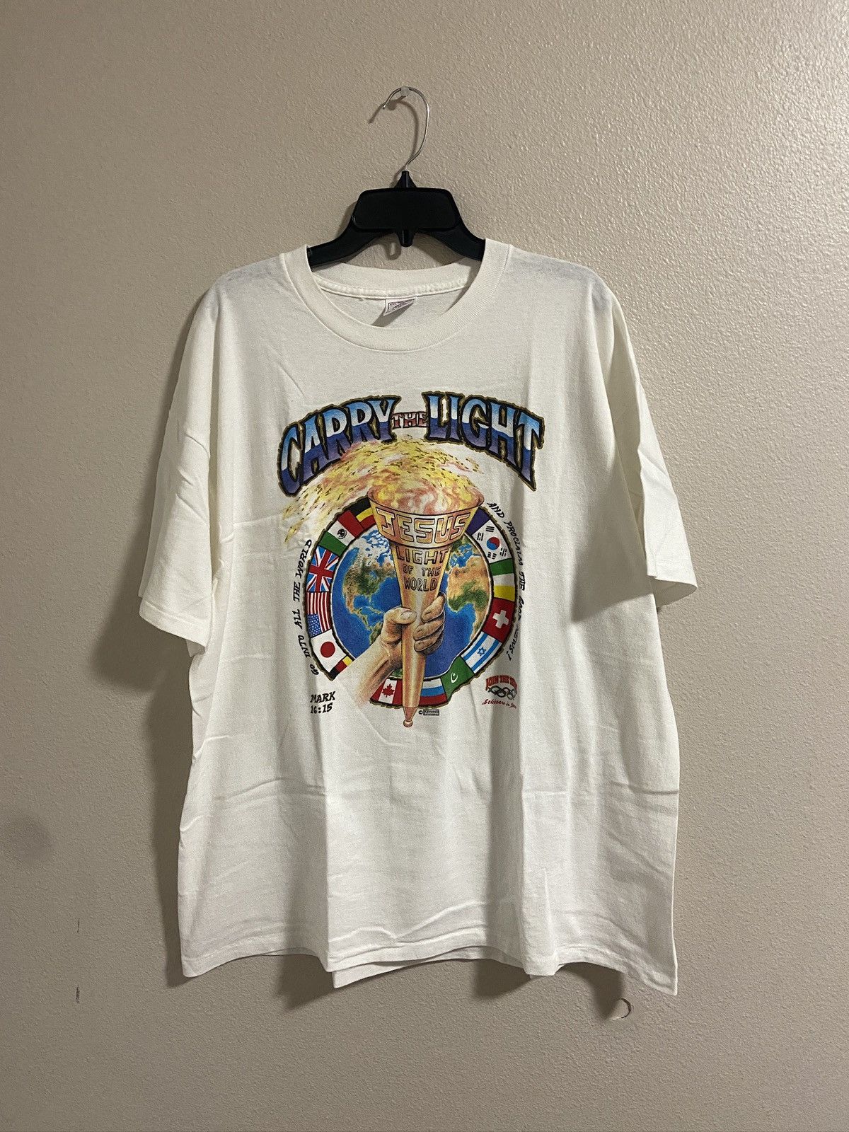 image of Band Tees x USA Olympics Vintage Jesus Carry The Light T Shirt in White, Men's (Size 2XL)