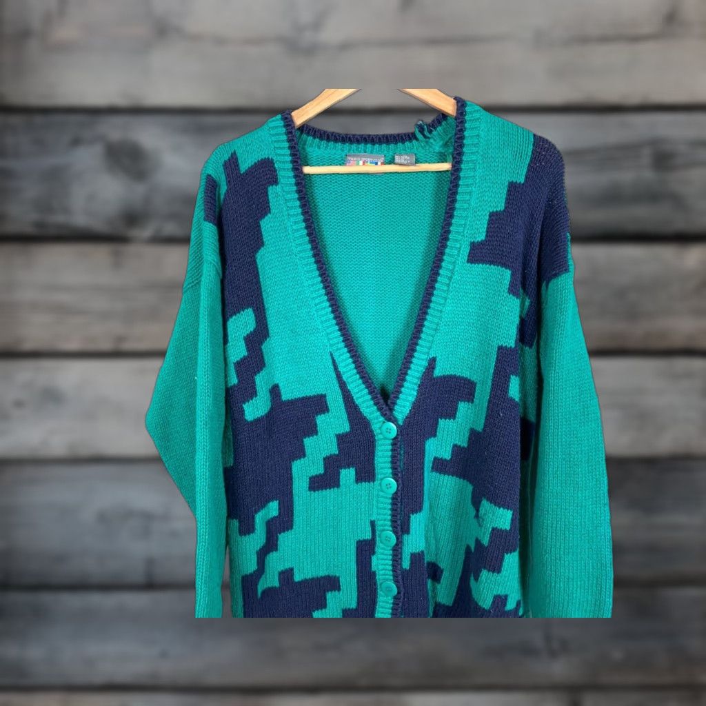 Vintage Vintage 90s Geometric Pattern Cotton Chunky Knit Cardigan Women's Medium Green Blue Hipster Retro Size M / US 6-8 / IT 42-44 - 1 Thumbnail