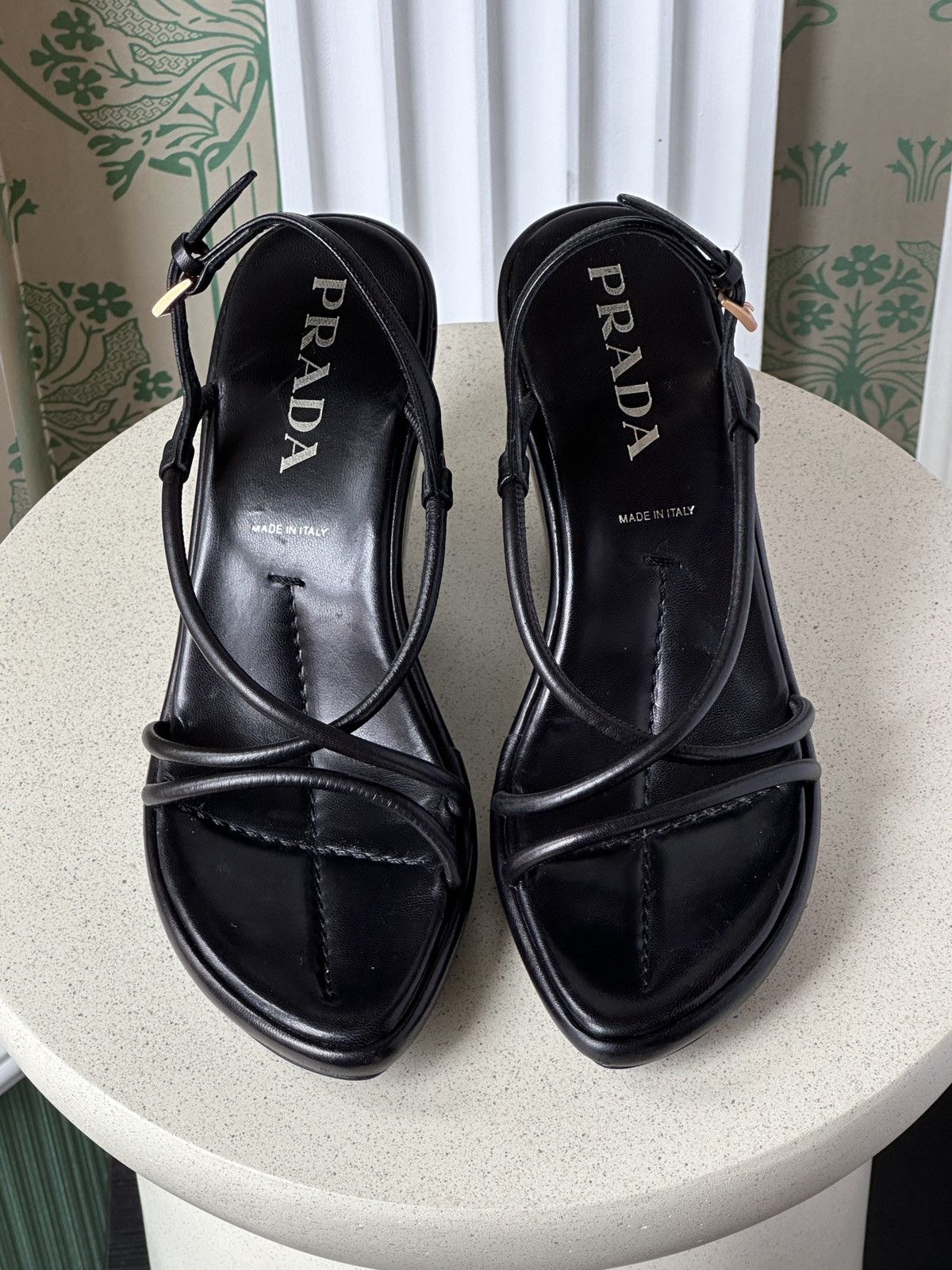 Prada Prada Black Leather Wedge Heel Platform Strap Sandals 38 Size US 8 / IT 38 - 3 Thumbnail