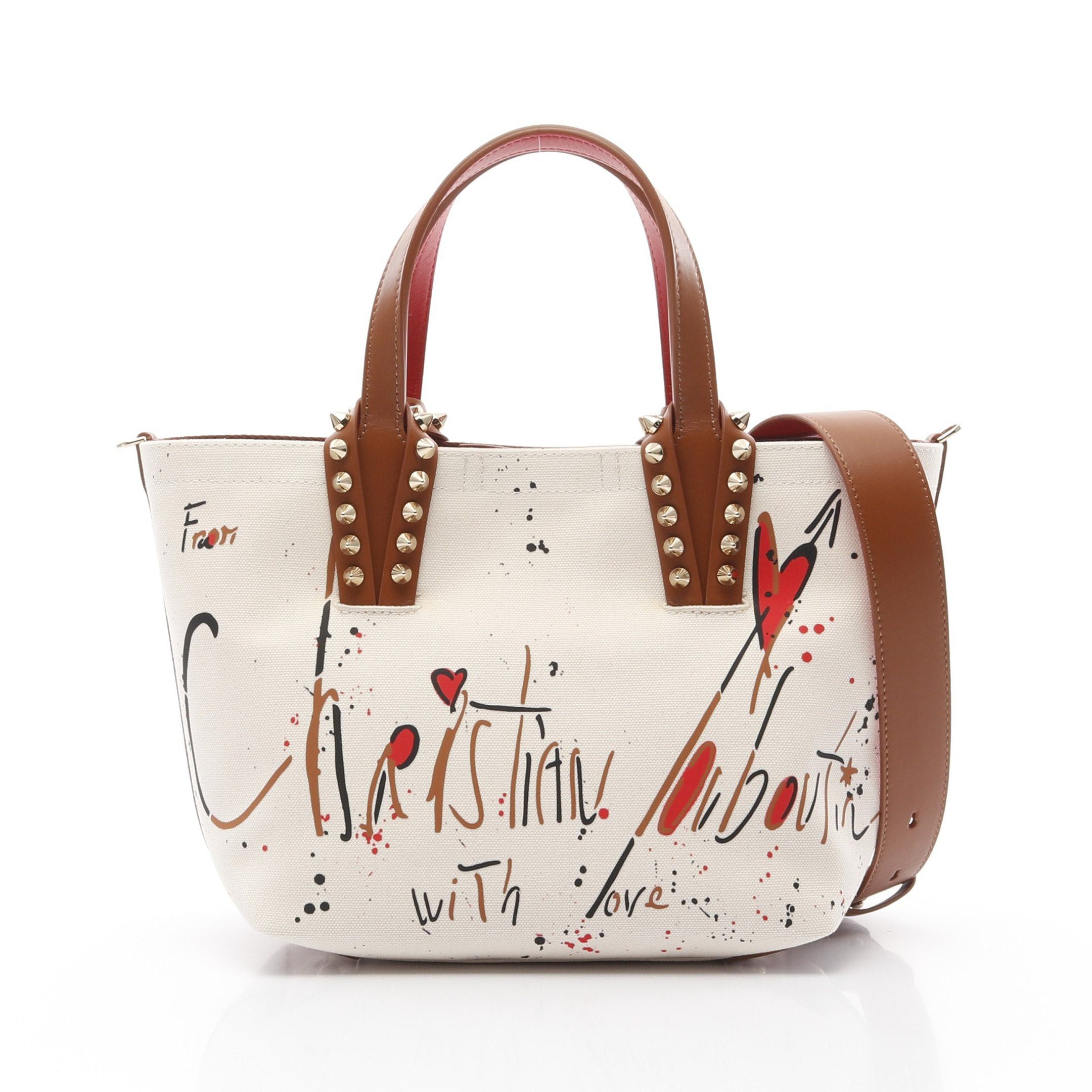 Christian Louboutin Christian Louboutin Cabata Graffiti Handbag Tote Bag Canvas Leather Ivory Brown Multicolor Spike Studs Size ONE SIZE - 1 Thumbnail