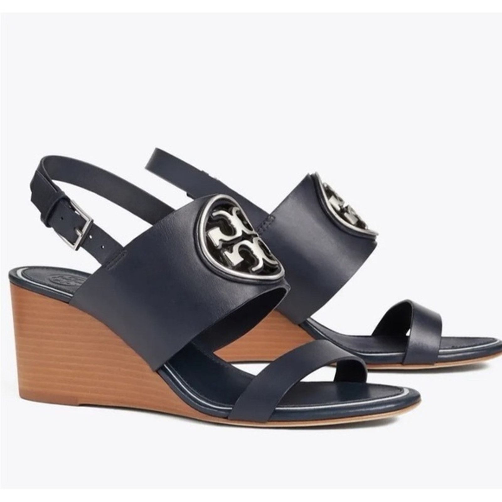 Tory Burch TORY BURCH Navy Blue Leather Silver Miller Wedge $350 Sandal Size US 8.5 / IT 38.5 - 1 Thumbnail